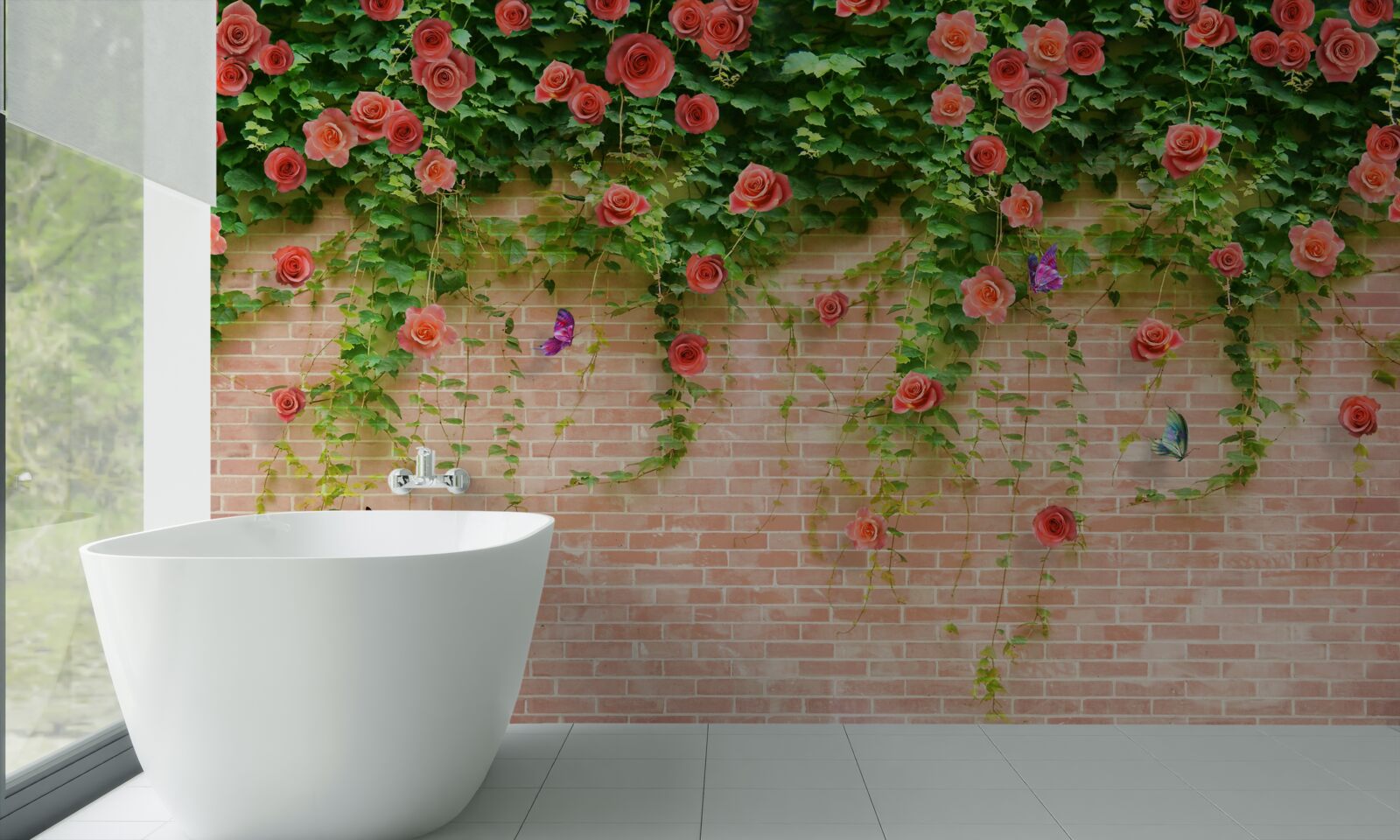 Fototapeta karmínové kvety na tehlovej stene