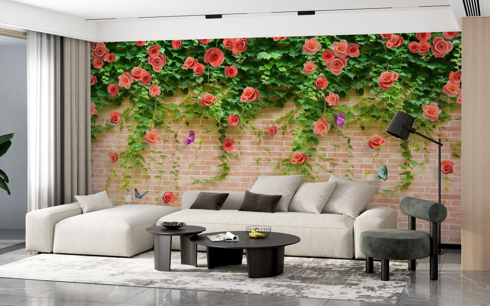 Fototapeta karmínové kvety na tehlovej stene
