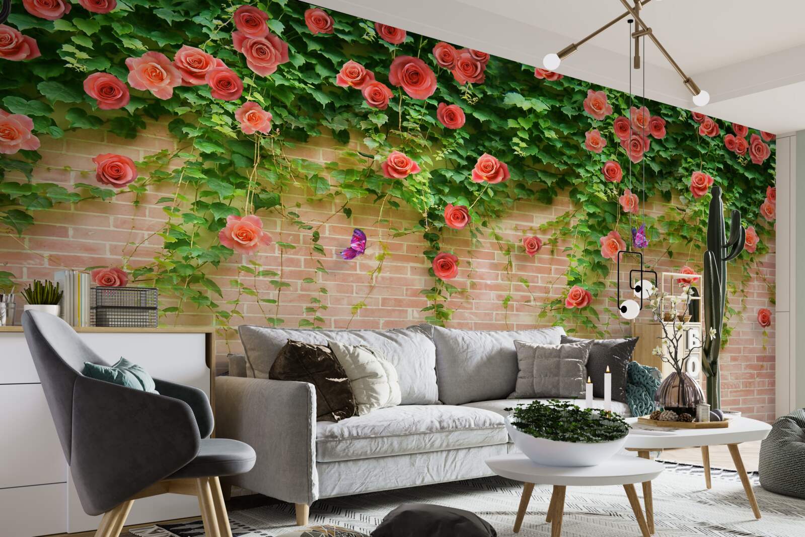 Fototapeta karmínové kvety na tehlovej stene