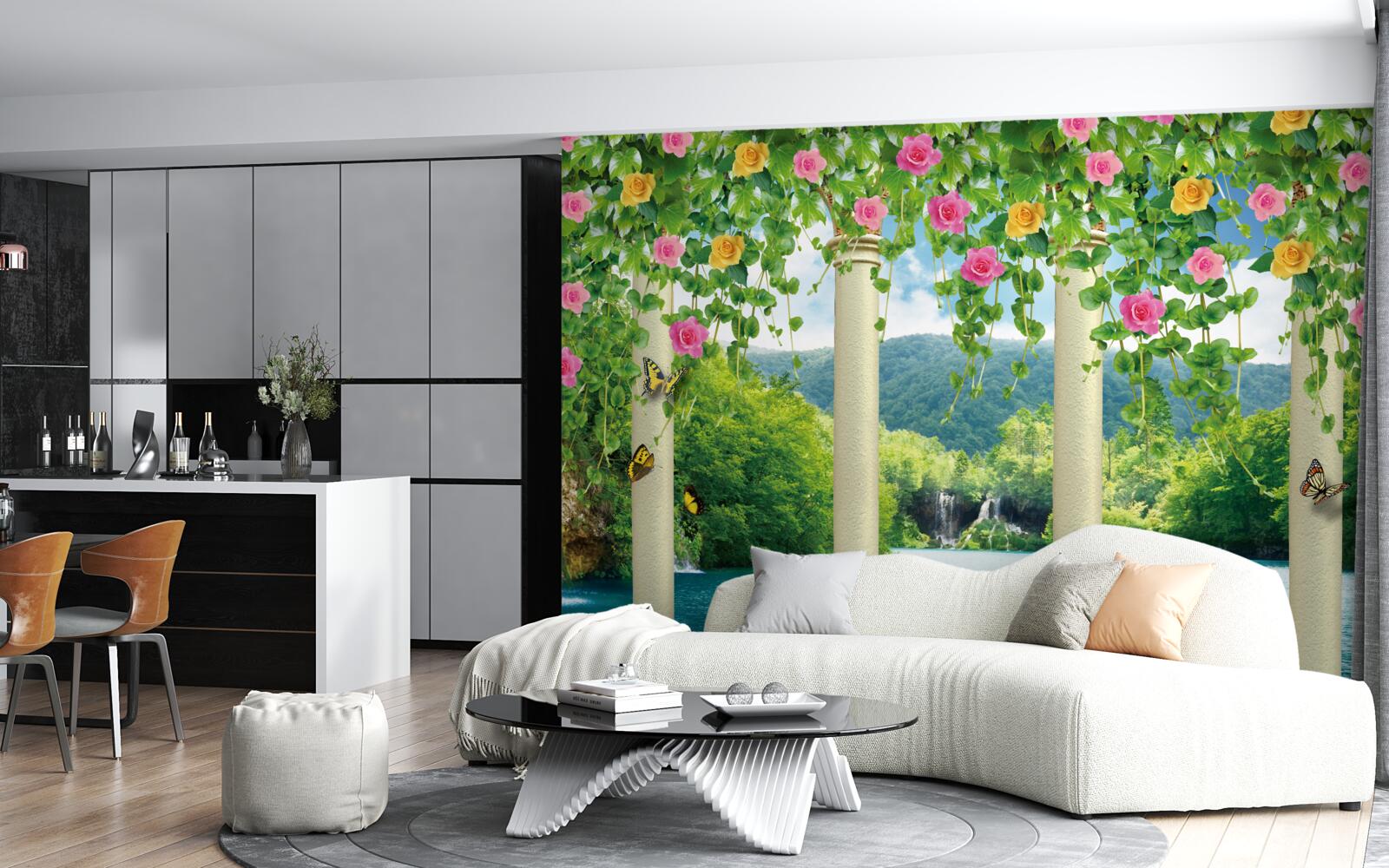 Fototapeta očarujúci výhľad na vodopád cez farby kvetov