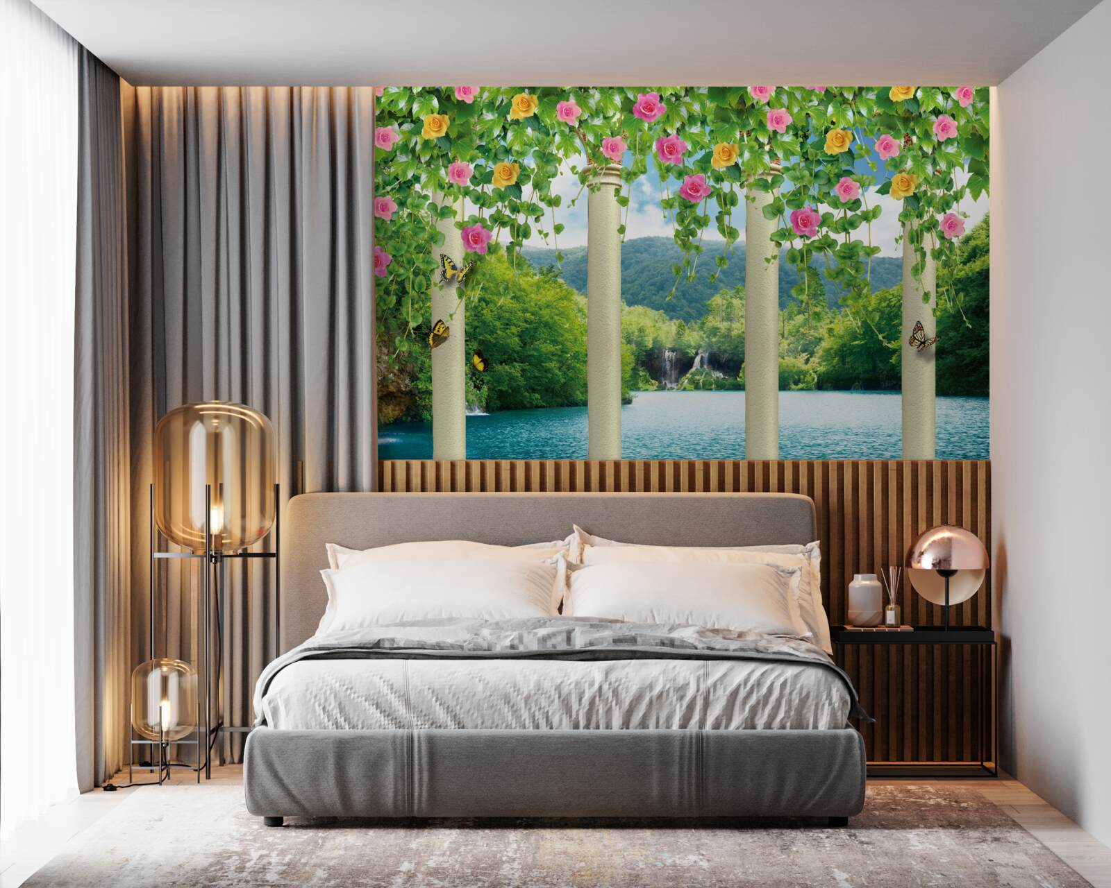 Fototapeta očarujúci výhľad na vodopád cez farby kvetov