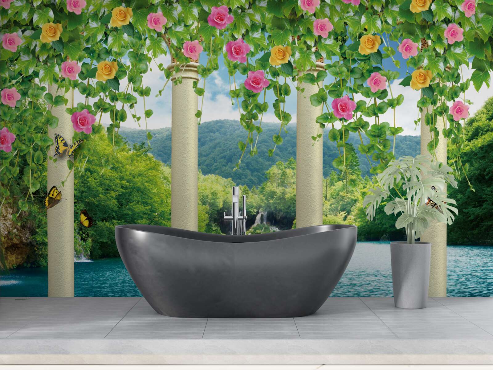 Fototapeta očarujúci výhľad na vodopád cez farby kvetov