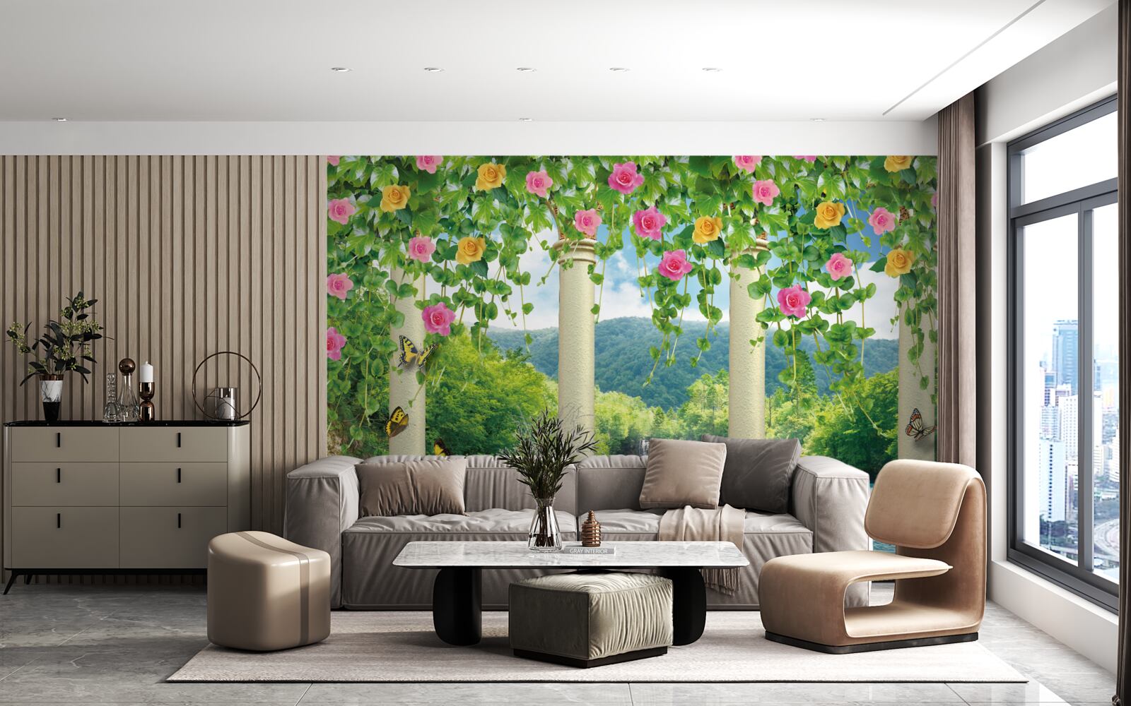 Fototapeta očarujúci výhľad na vodopád cez farby kvetov