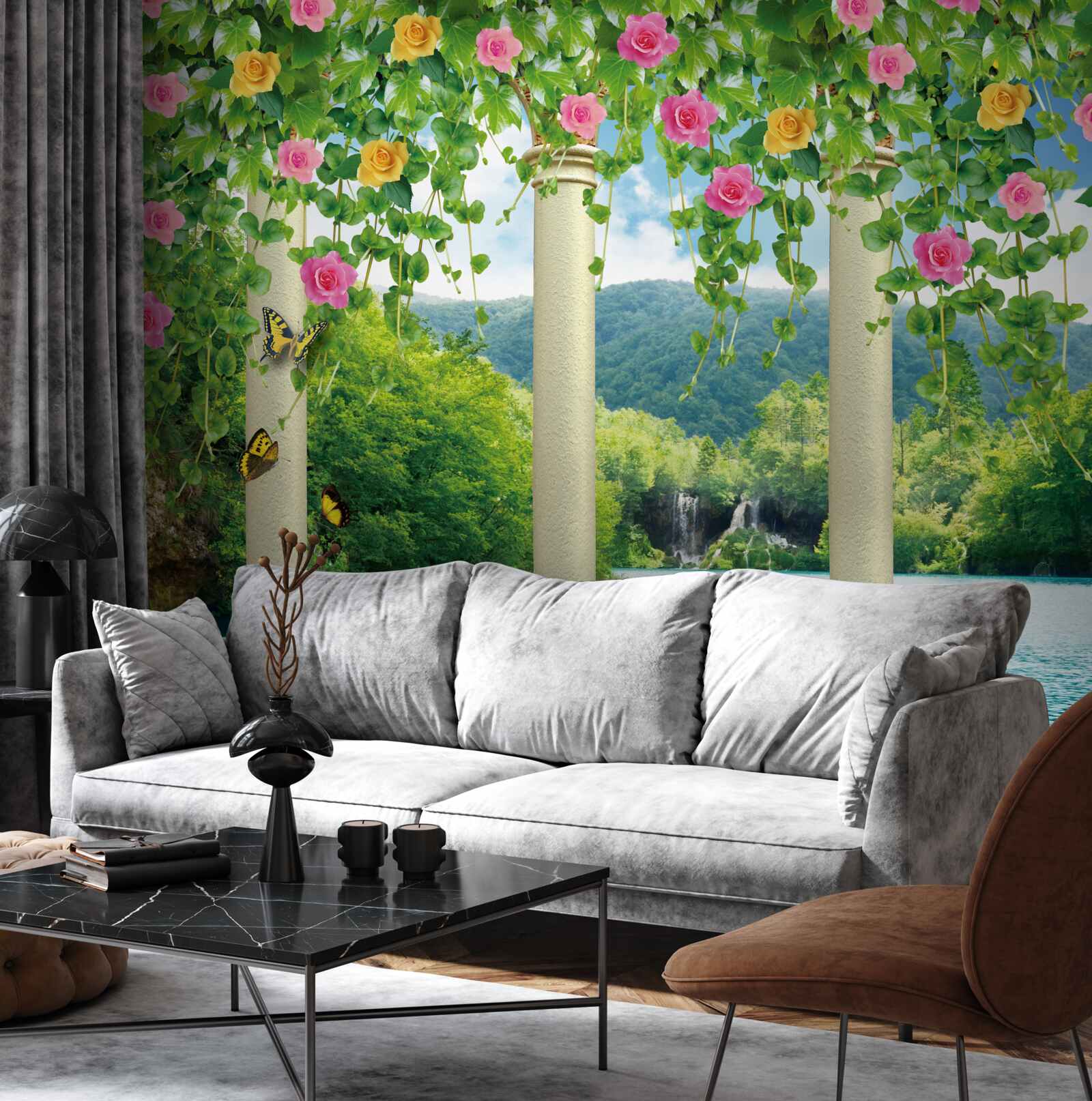 Fototapeta očarujúci výhľad na vodopád cez farby kvetov