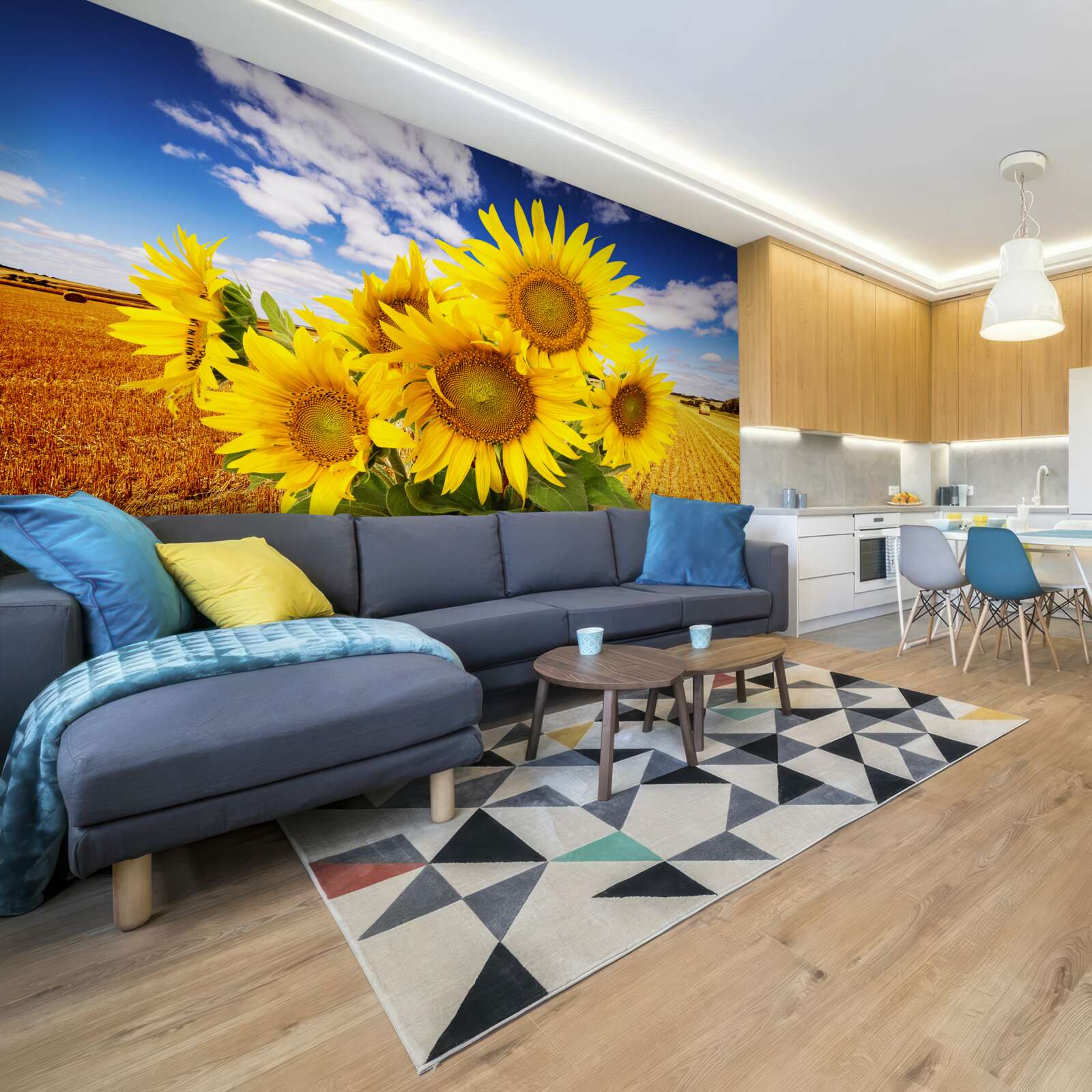 Fototapeta na pozadí oblohy a pšeničného poľa môžete vidieť kyticu slnečníc