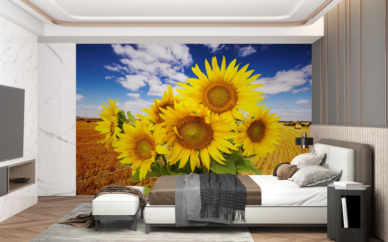 Fototapeta na pozadí oblohy a pšeničného poľa môžete vidieť kyticu slnečníc