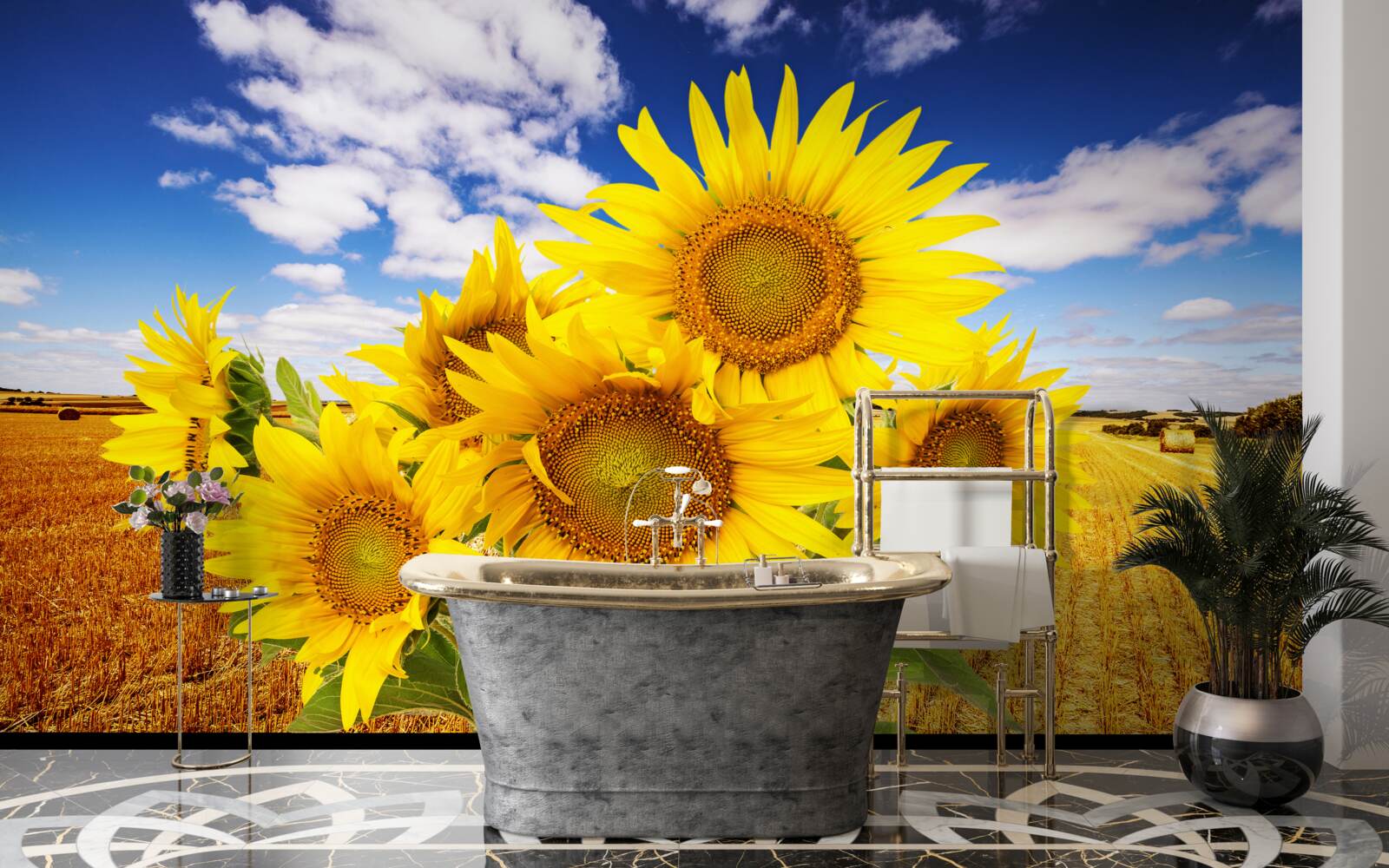 Fototapeta na pozadí oblohy a pšeničného poľa môžete vidieť kyticu slnečníc