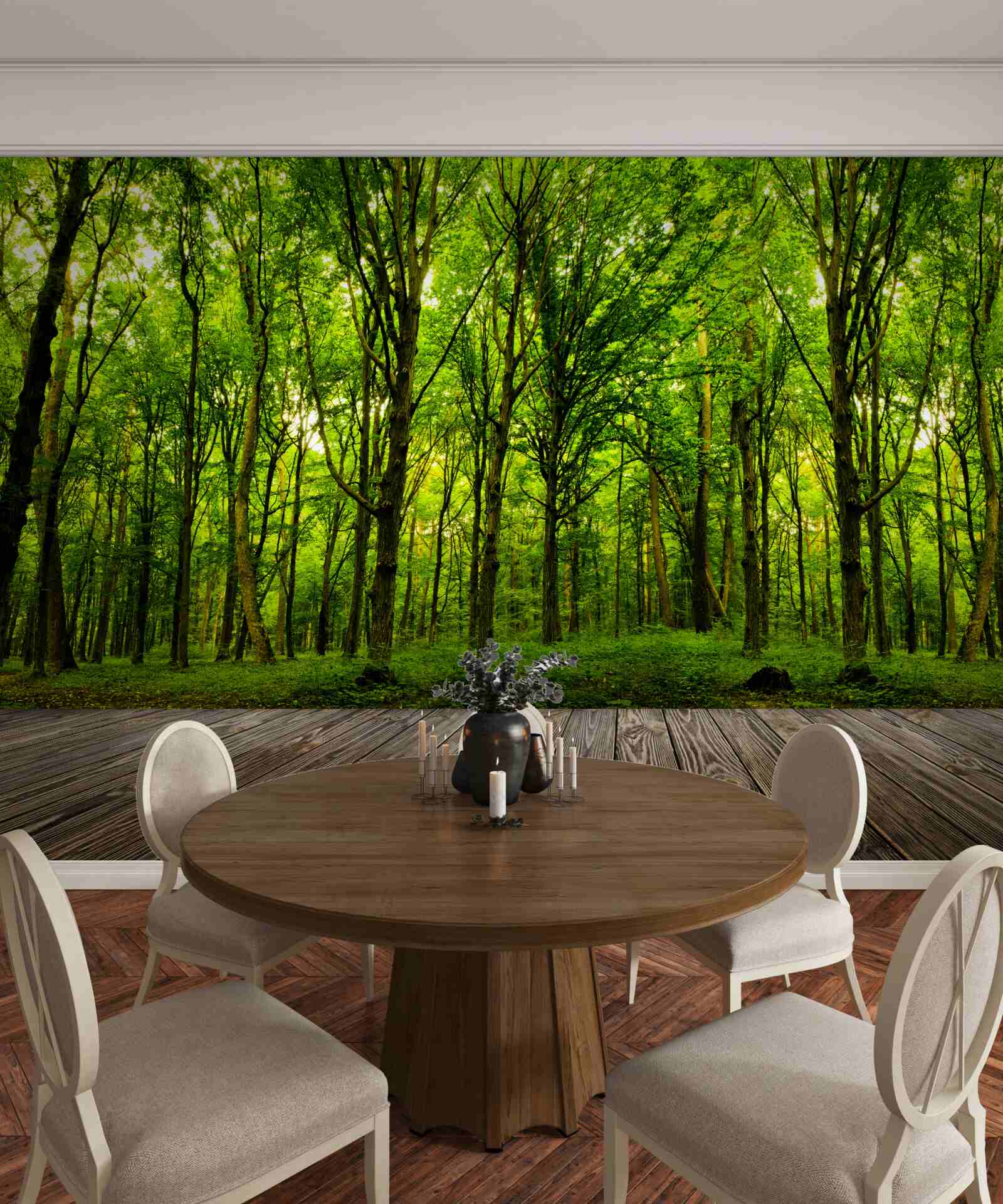 Fototapeta zelený les, štíhly a bohatý, osvetlený lúčmi slnka