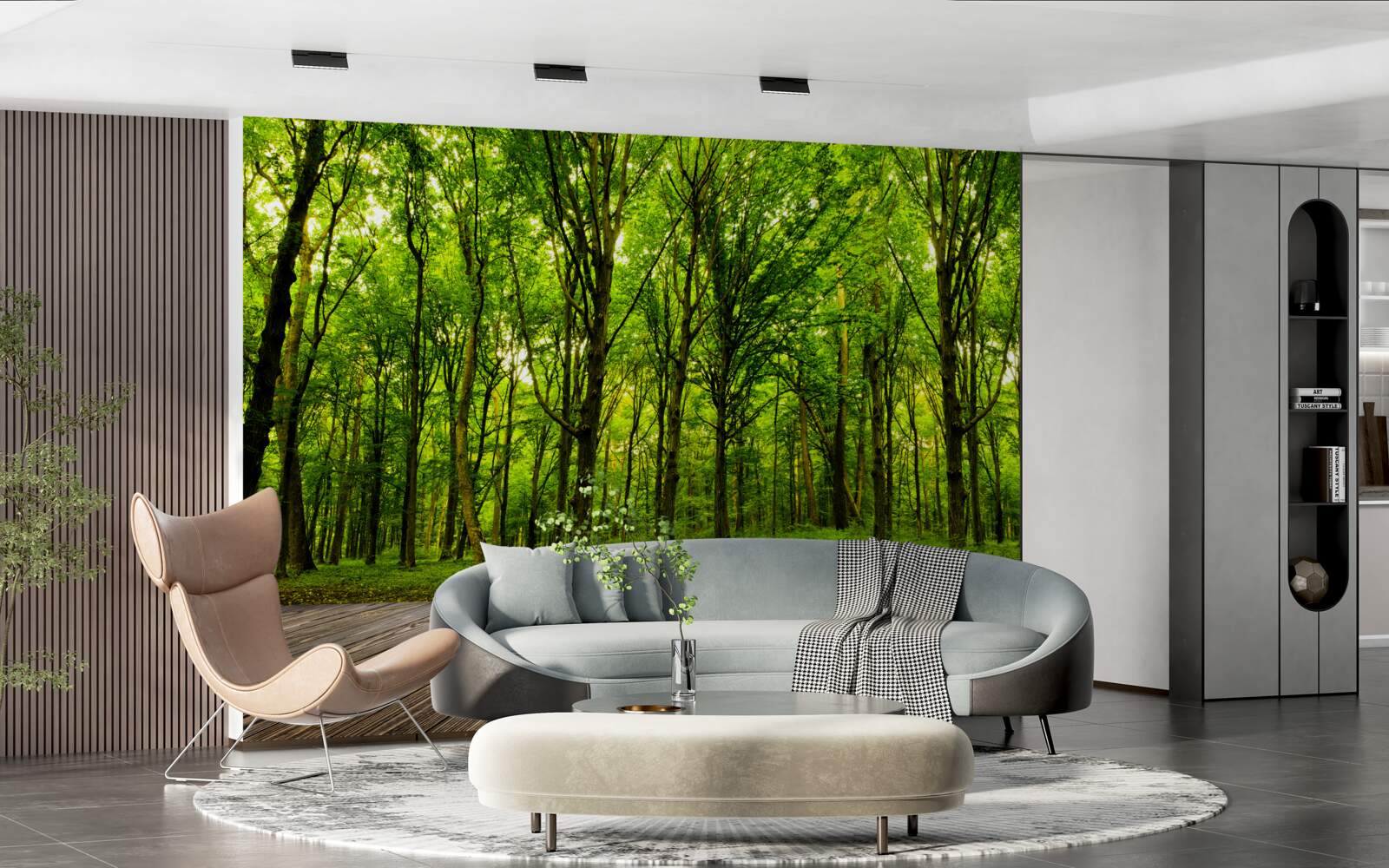 Fototapeta zelený les, štíhly a bohatý, osvetlený lúčmi slnka