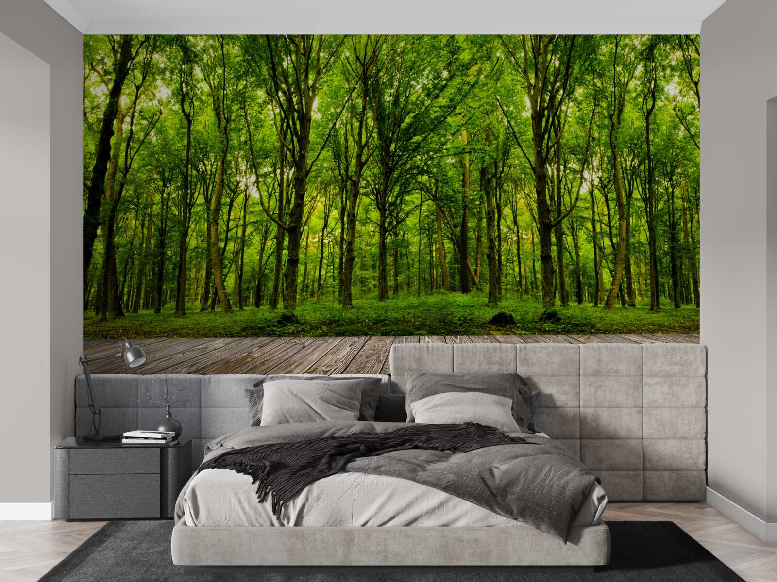 Fototapeta zelený les, štíhly a bohatý, osvetlený lúčmi slnka