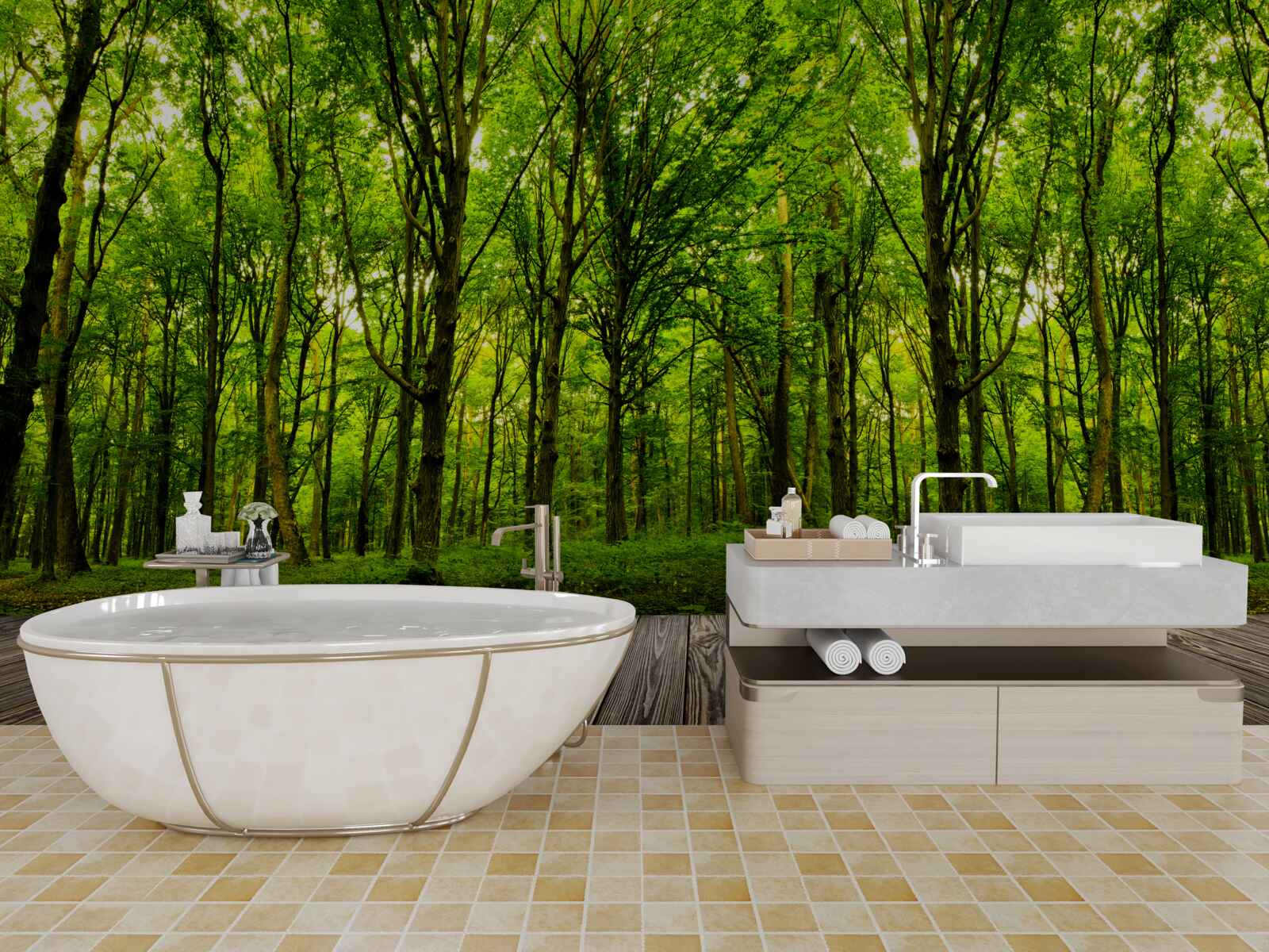 Fototapeta zelený les, štíhly a bohatý, osvetlený lúčmi slnka