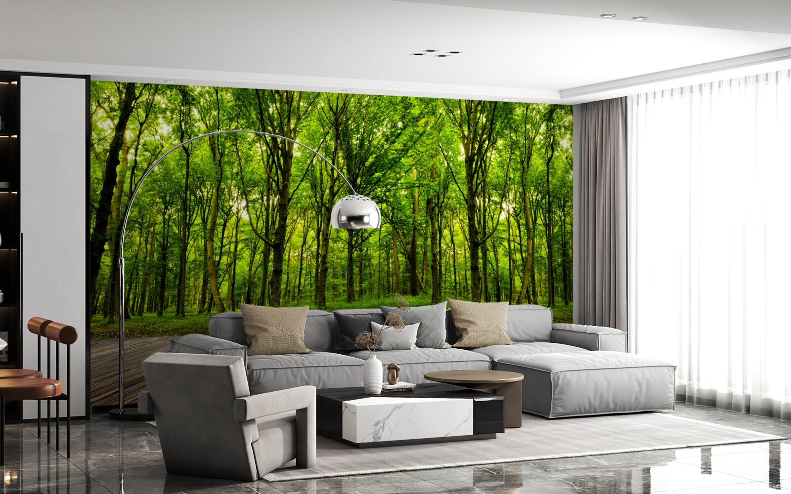 Fototapeta zelený les, štíhly a bohatý, osvetlený lúčmi slnka