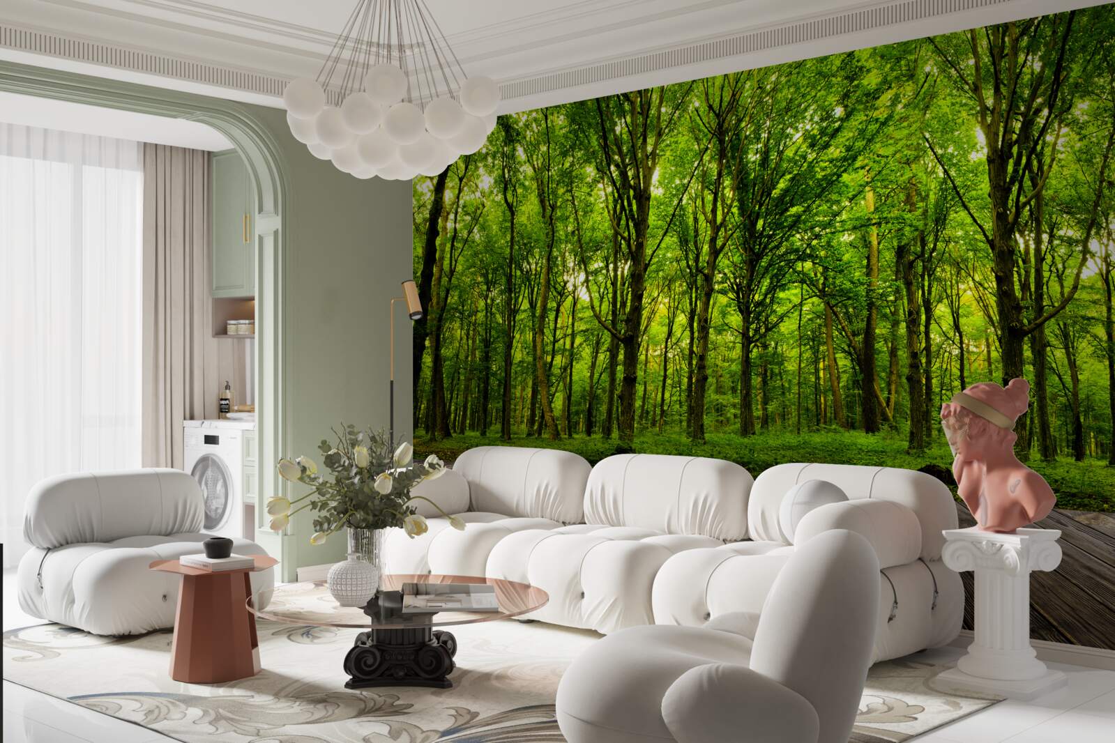 Fototapeta zelený les, štíhly a bohatý, osvetlený lúčmi slnka