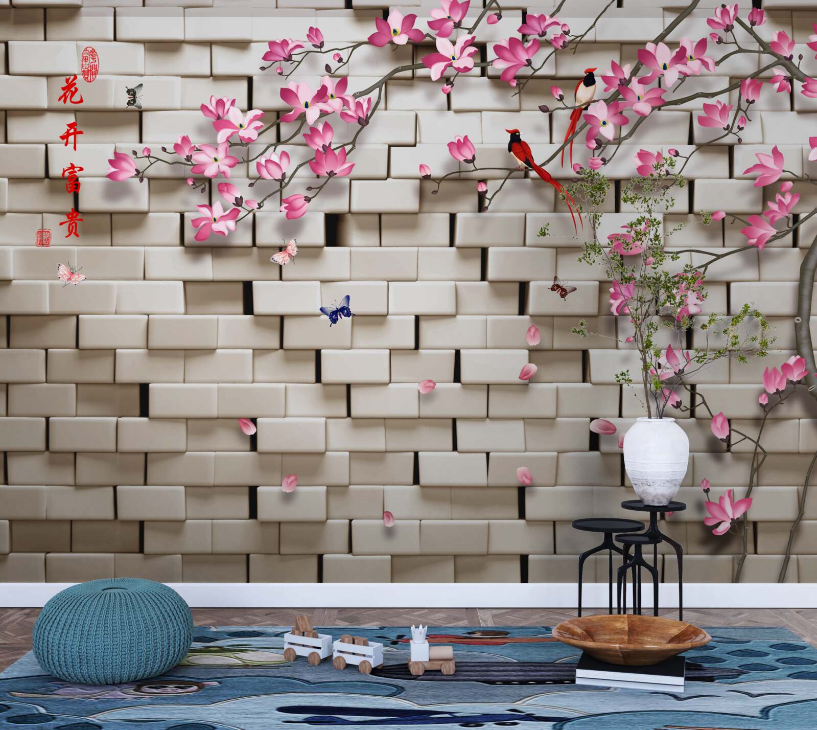 Fototapeta kamenná stena a ružové kvety