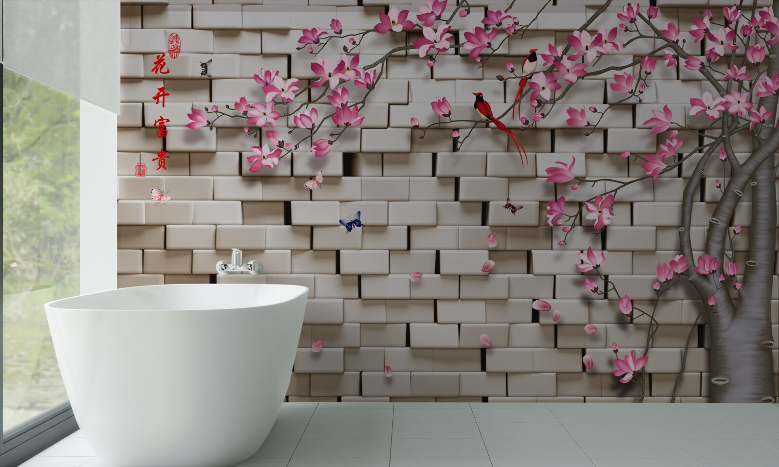 Fototapeta kamenná stena a ružové kvety