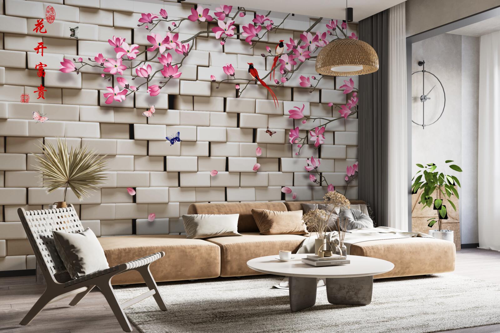 Fototapeta kamenná stena a ružové kvety