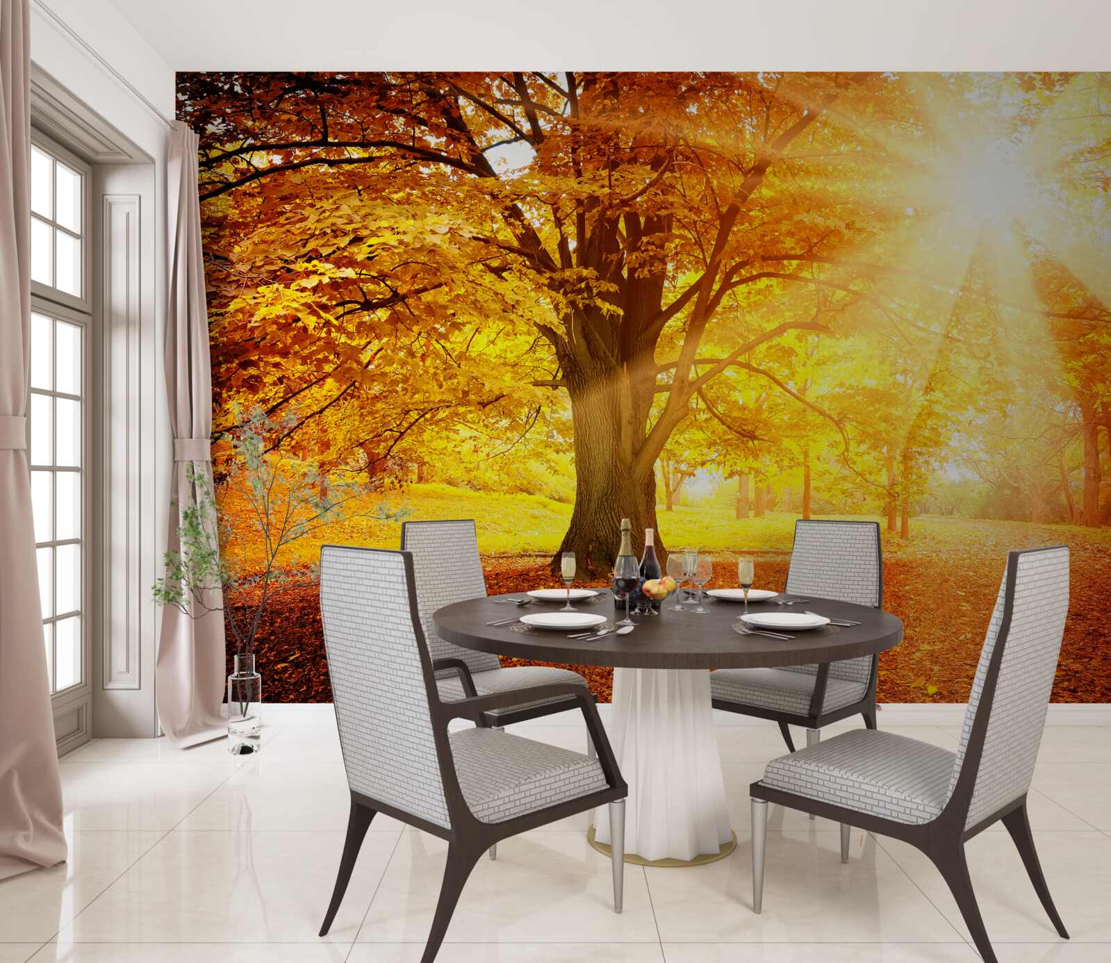 Fototapeta jasné slnečné svetlo preniká cez jesennú hmlu lesa