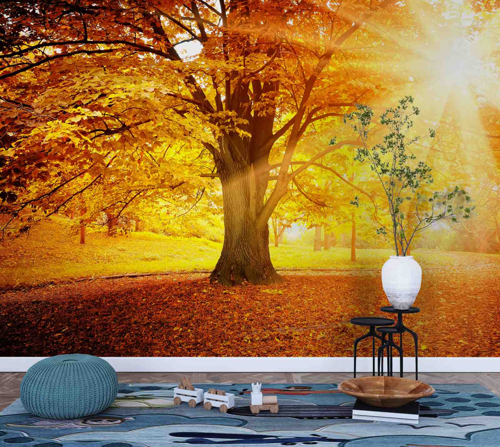 Fototapeta jasné slnečné svetlo preniká cez jesennú hmlu lesa