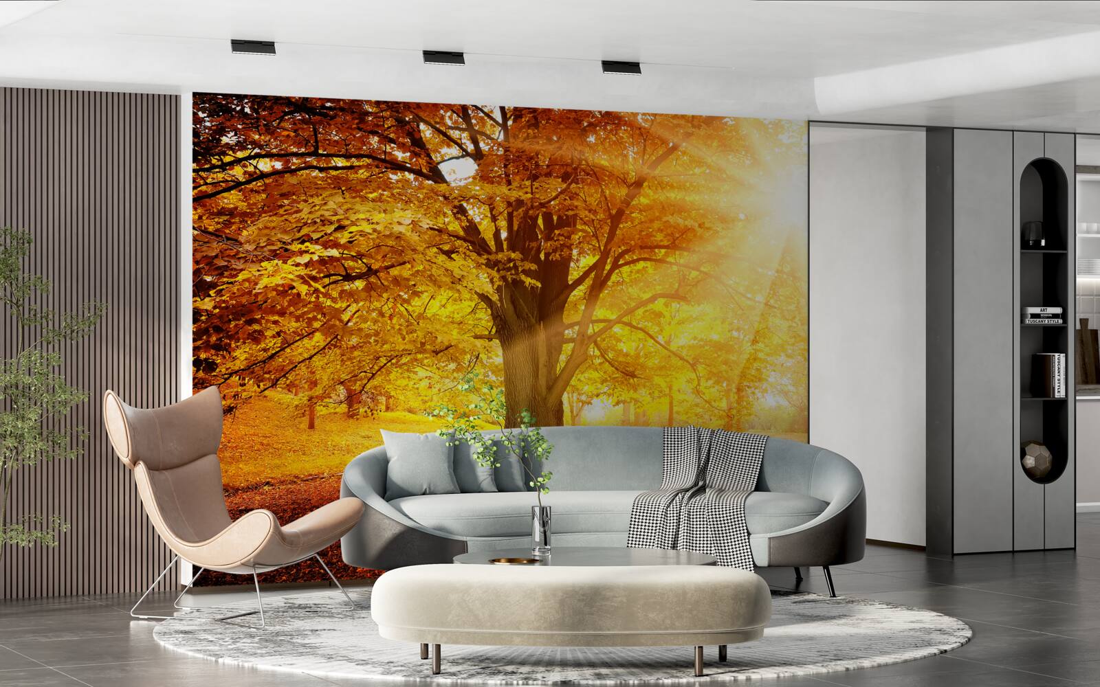 Fototapeta jasné slnečné svetlo preniká cez jesennú hmlu lesa