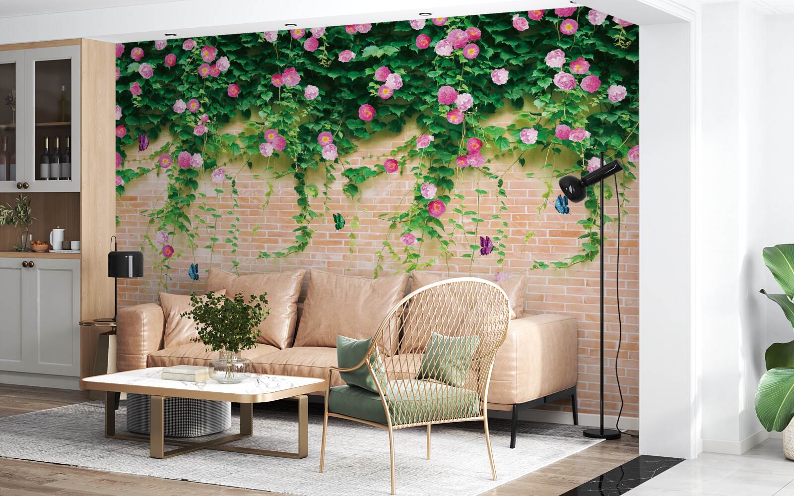 Fototapeta jemné ružové ruže na tehlovej stene