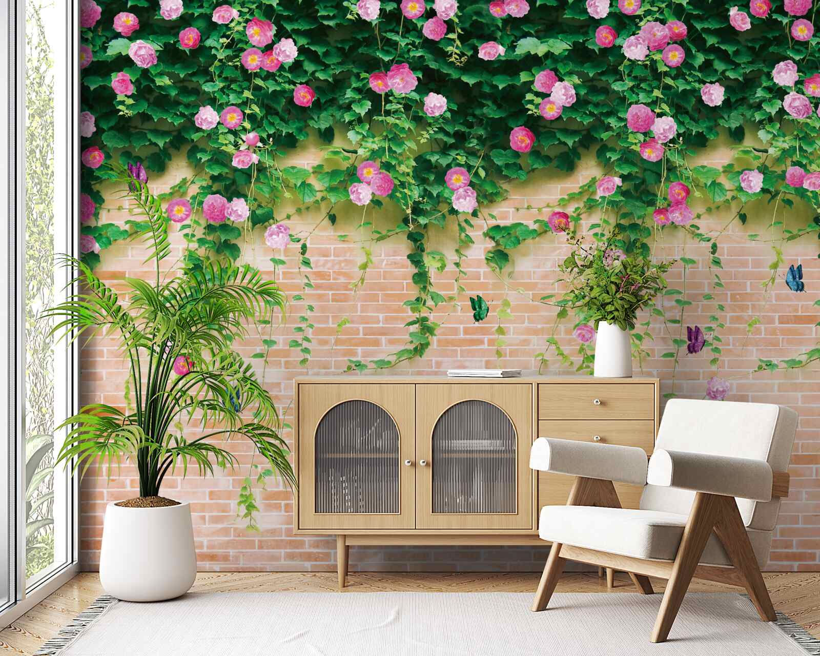 Fototapeta jemné ružové ruže na tehlovej stene