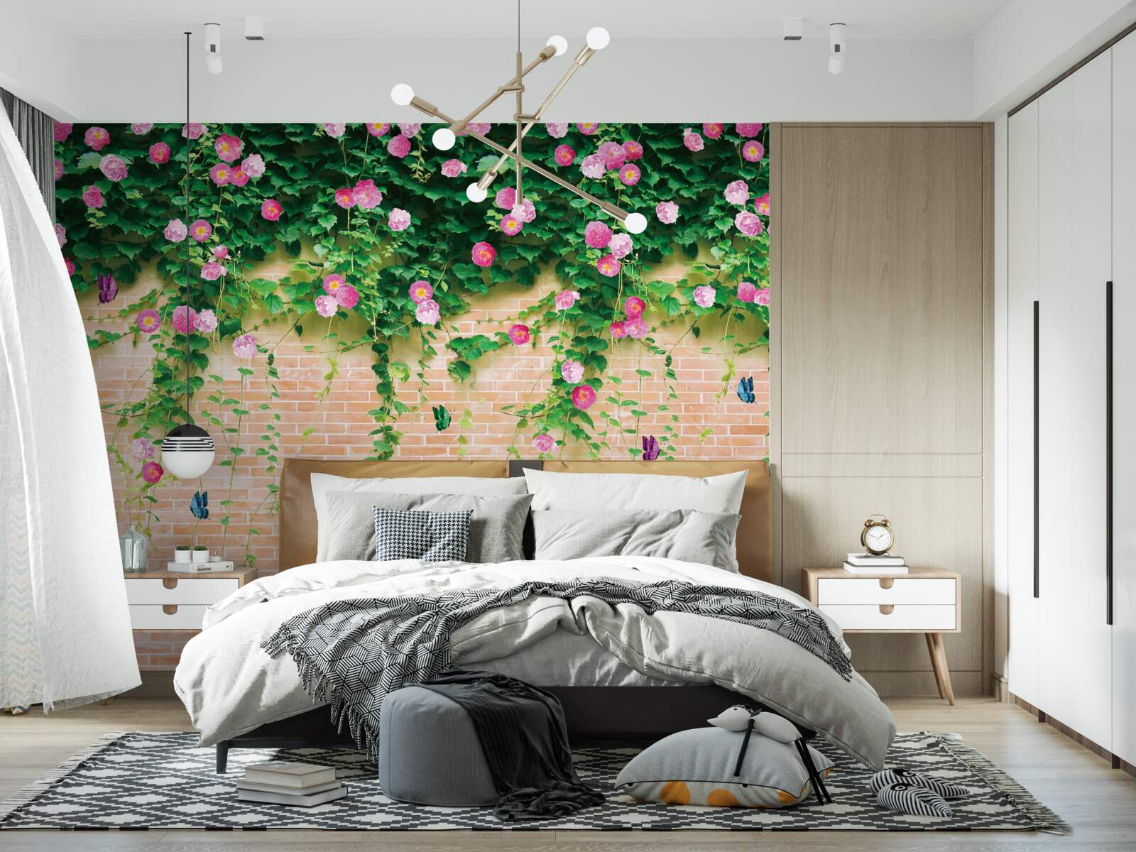 Fototapeta jemné ružové ruže na tehlovej stene