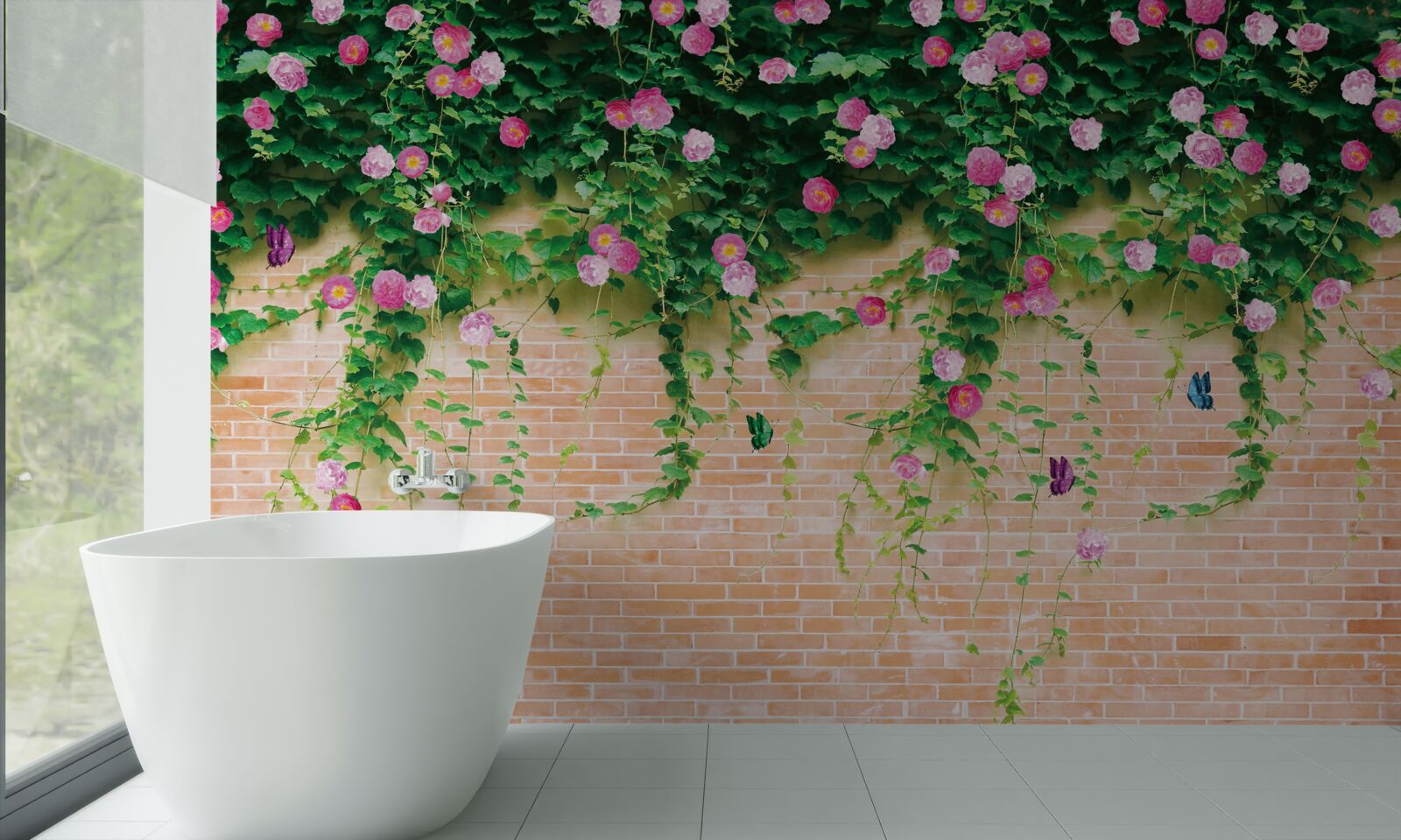 Fototapeta jemné ružové ruže na tehlovej stene