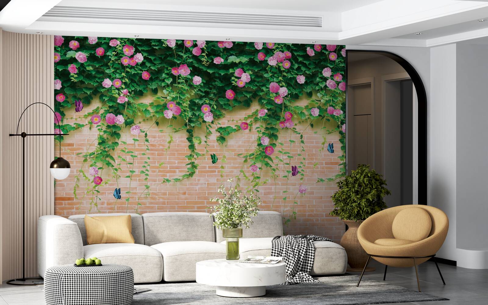 Fototapeta jemné ružové ruže na tehlovej stene