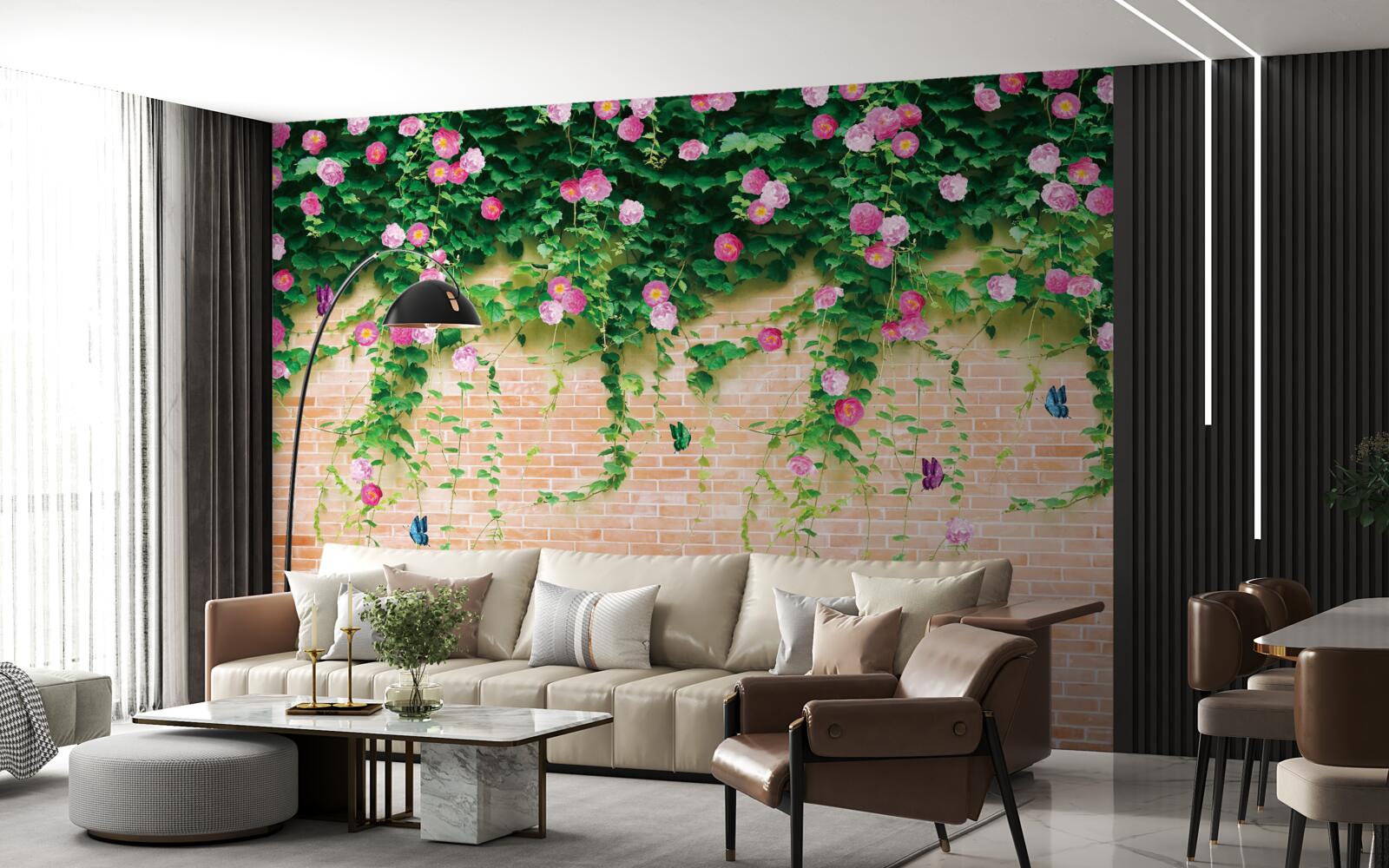 Fototapeta jemné ružové ruže na tehlovej stene