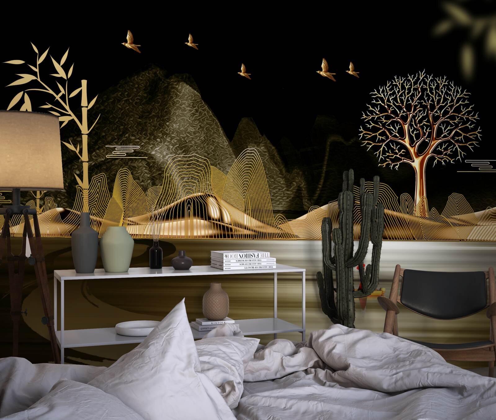 Fototapeta rybár stojí na brehu vody v blízkosti zlatého lesa