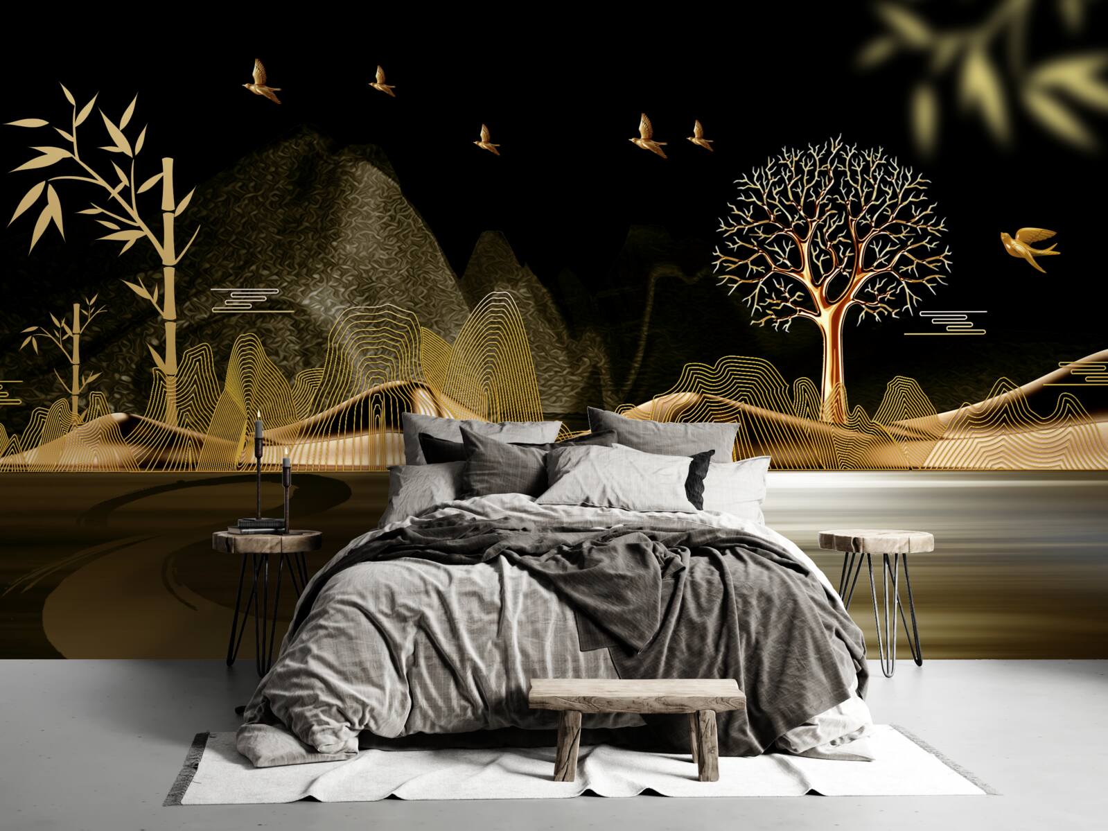 Fototapeta rybár stojí na brehu vody v blízkosti zlatého lesa