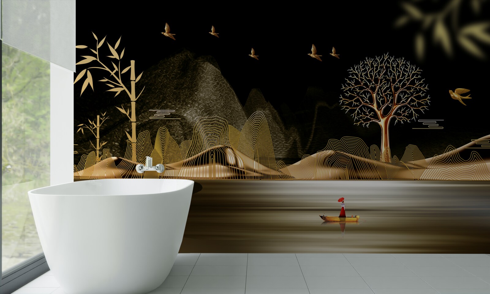 Fototapeta rybár stojí na brehu vody v blízkosti zlatého lesa