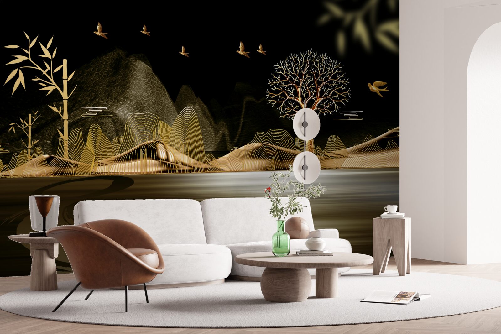 Fototapeta rybár stojí na brehu vody v blízkosti zlatého lesa