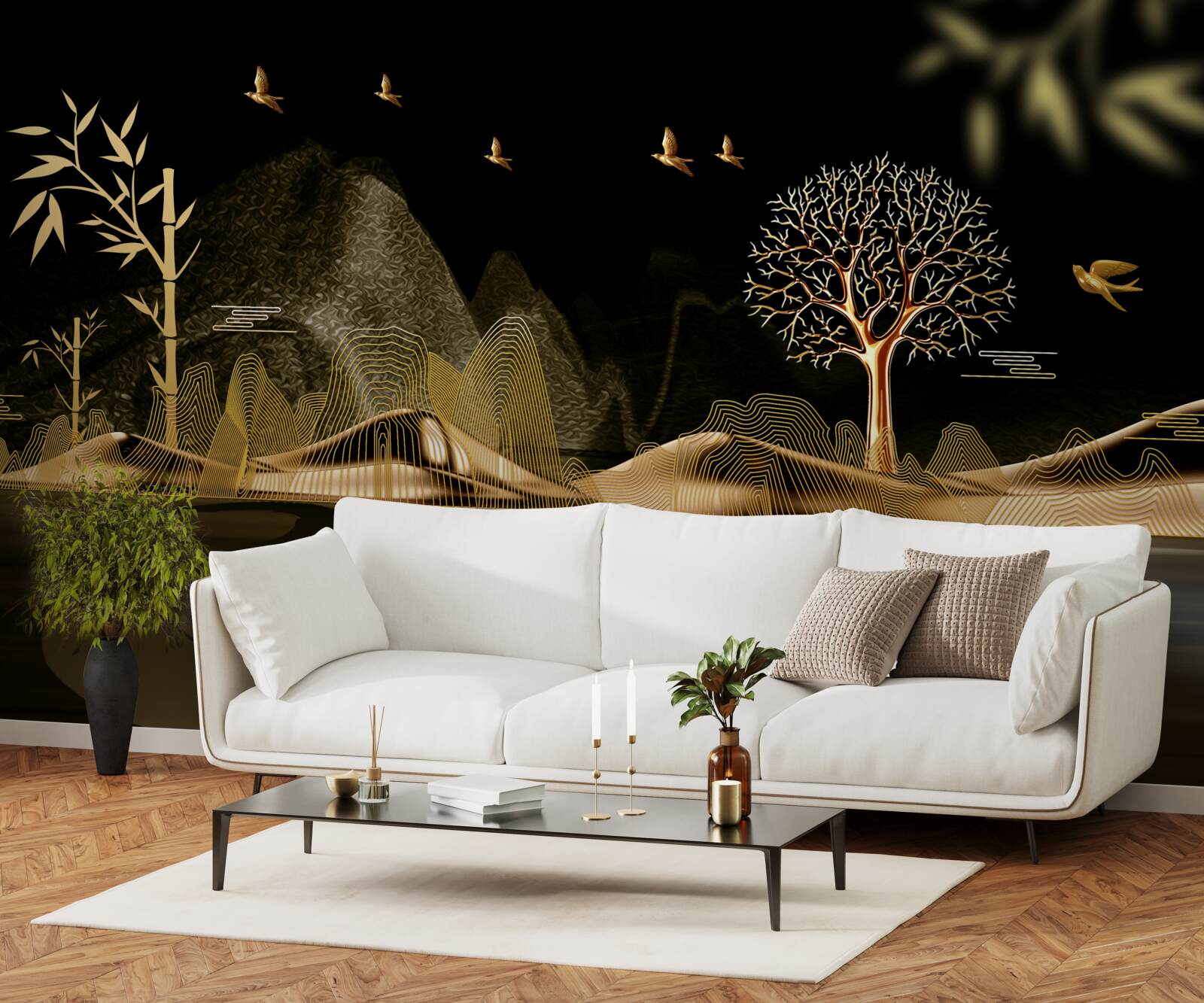 Fototapeta rybár stojí na brehu vody v blízkosti zlatého lesa