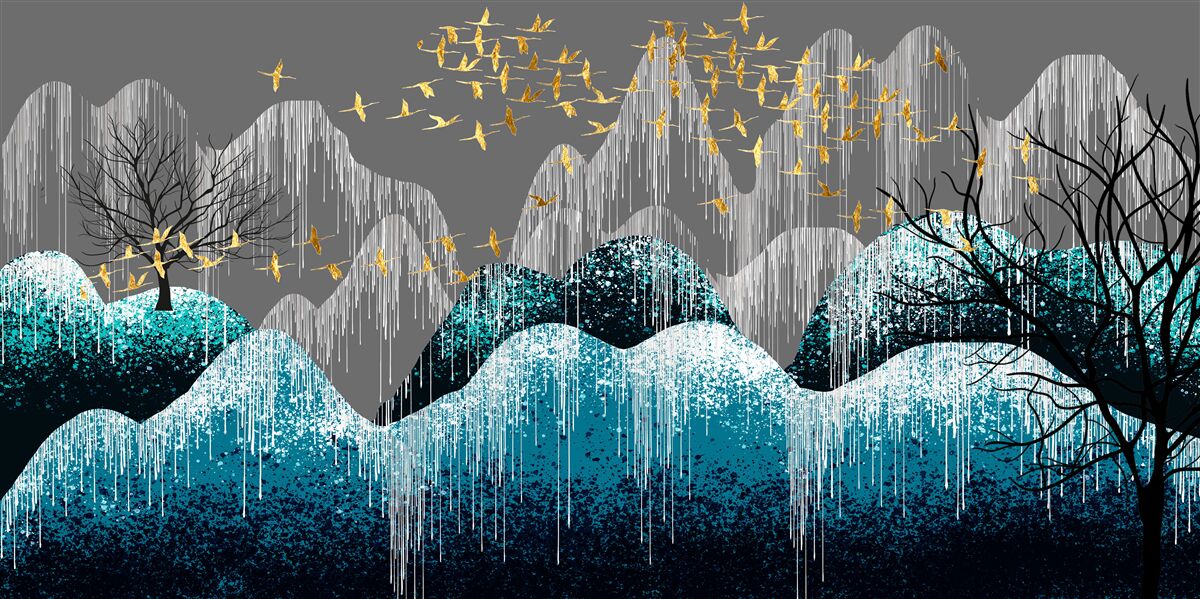 Fototapeta les v noci a vtáky lietajúce v zlatom lesku