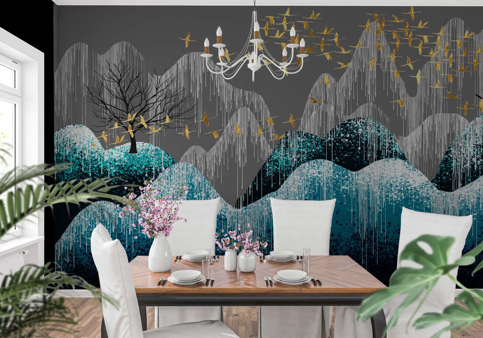 Fototapeta les v noci a vtáky lietajúce v zlatom lesku