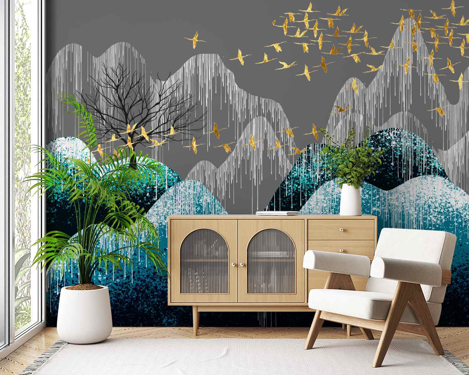 Fototapeta les v noci a vtáky lietajúce v zlatom lesku