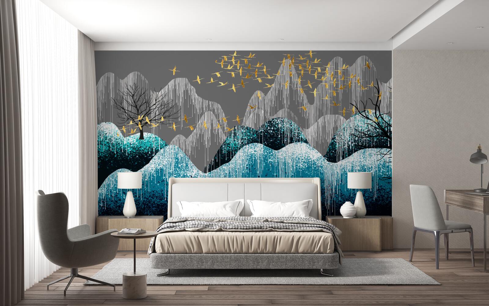 Fototapeta les v noci a vtáky lietajúce v zlatom lesku