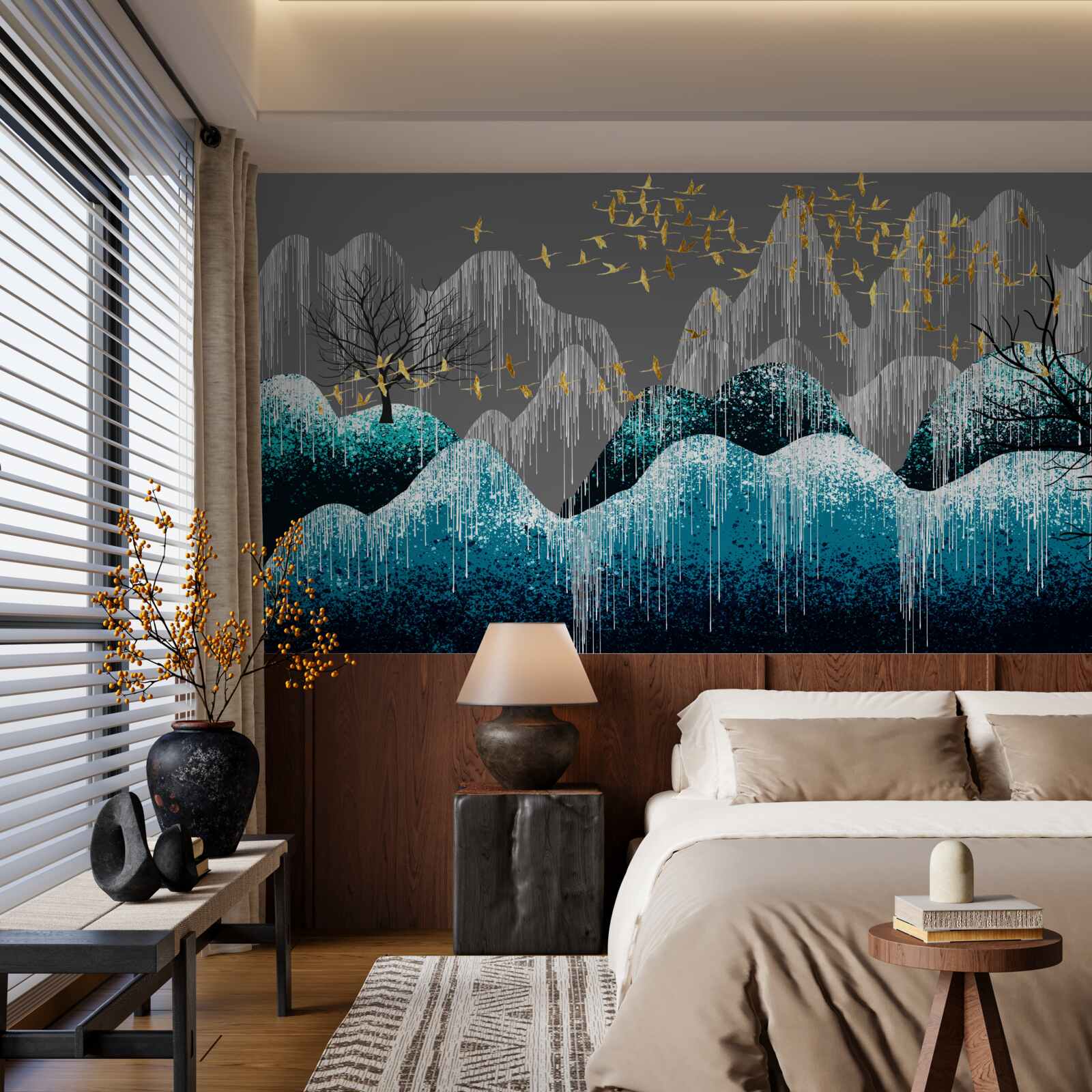 Fototapeta les v noci a vtáky lietajúce v zlatom lesku