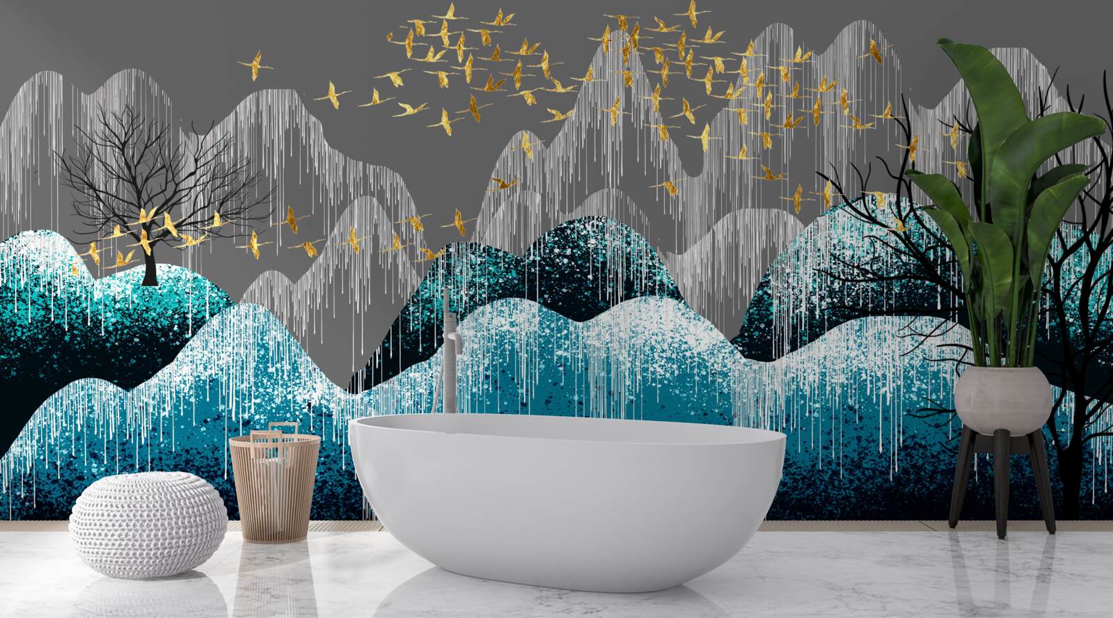 Fototapeta les v noci a vtáky lietajúce v zlatom lesku