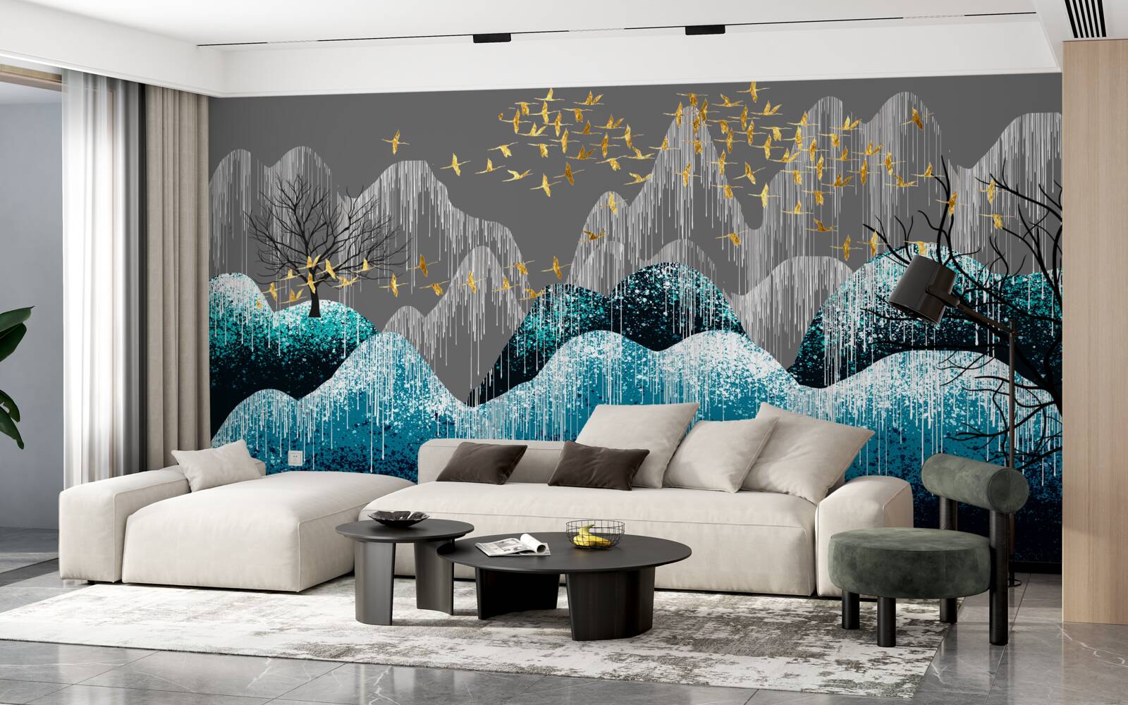 Fototapeta les v noci a vtáky lietajúce v zlatom lesku