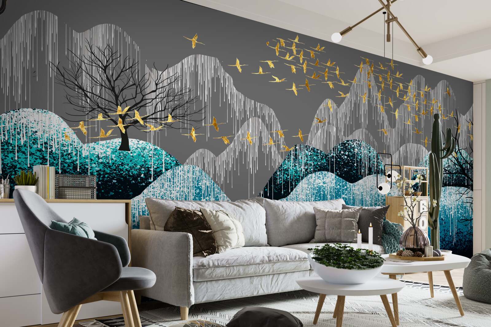 Fototapeta les v noci a vtáky lietajúce v zlatom lesku