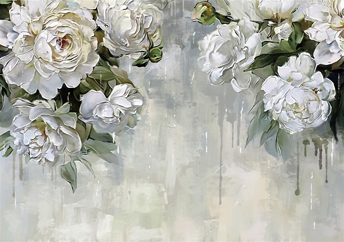 Fototapeta na betónovej stene sú veľké biele kvety