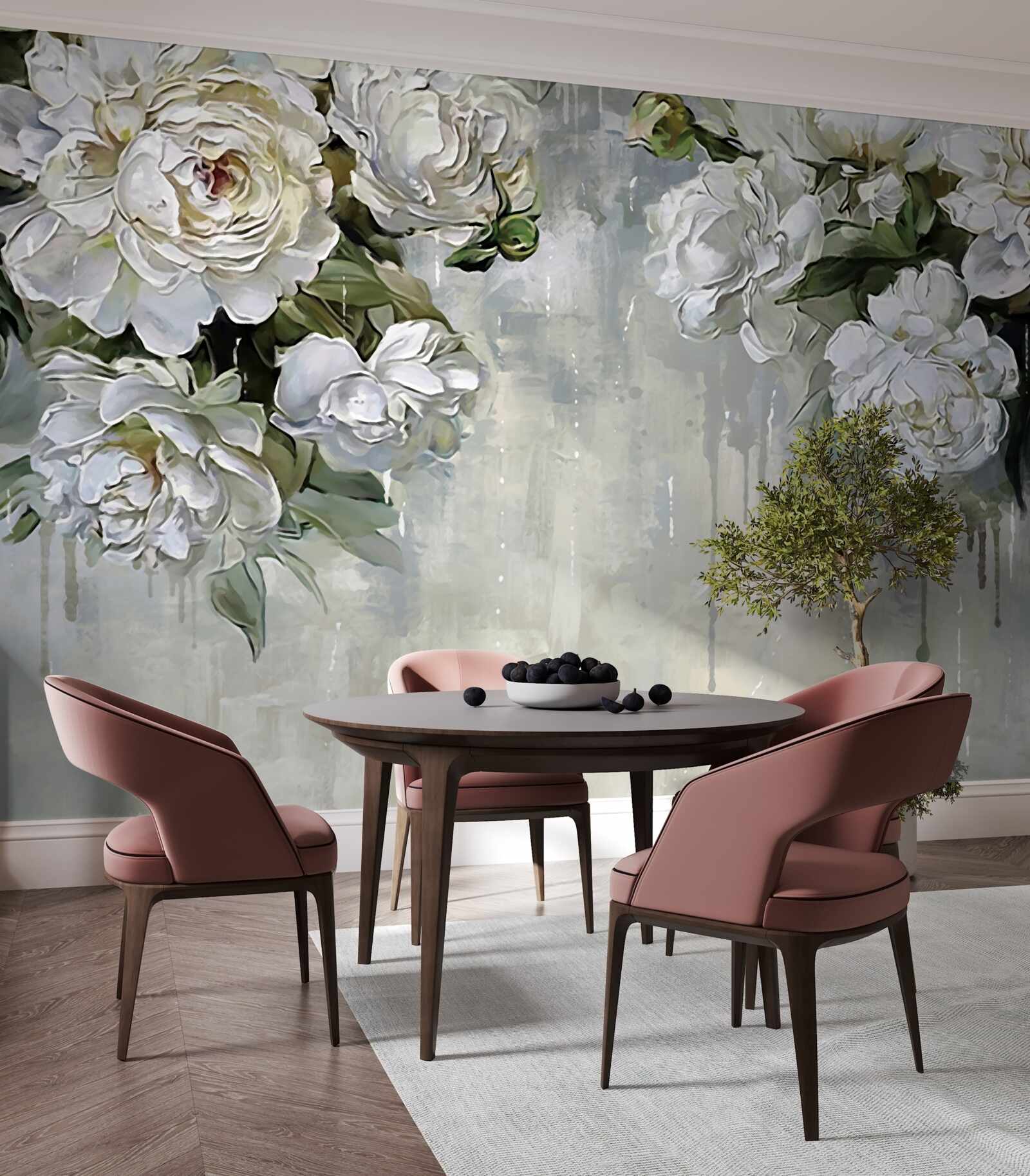 Fototapeta na betónovej stene sú veľké biele kvety