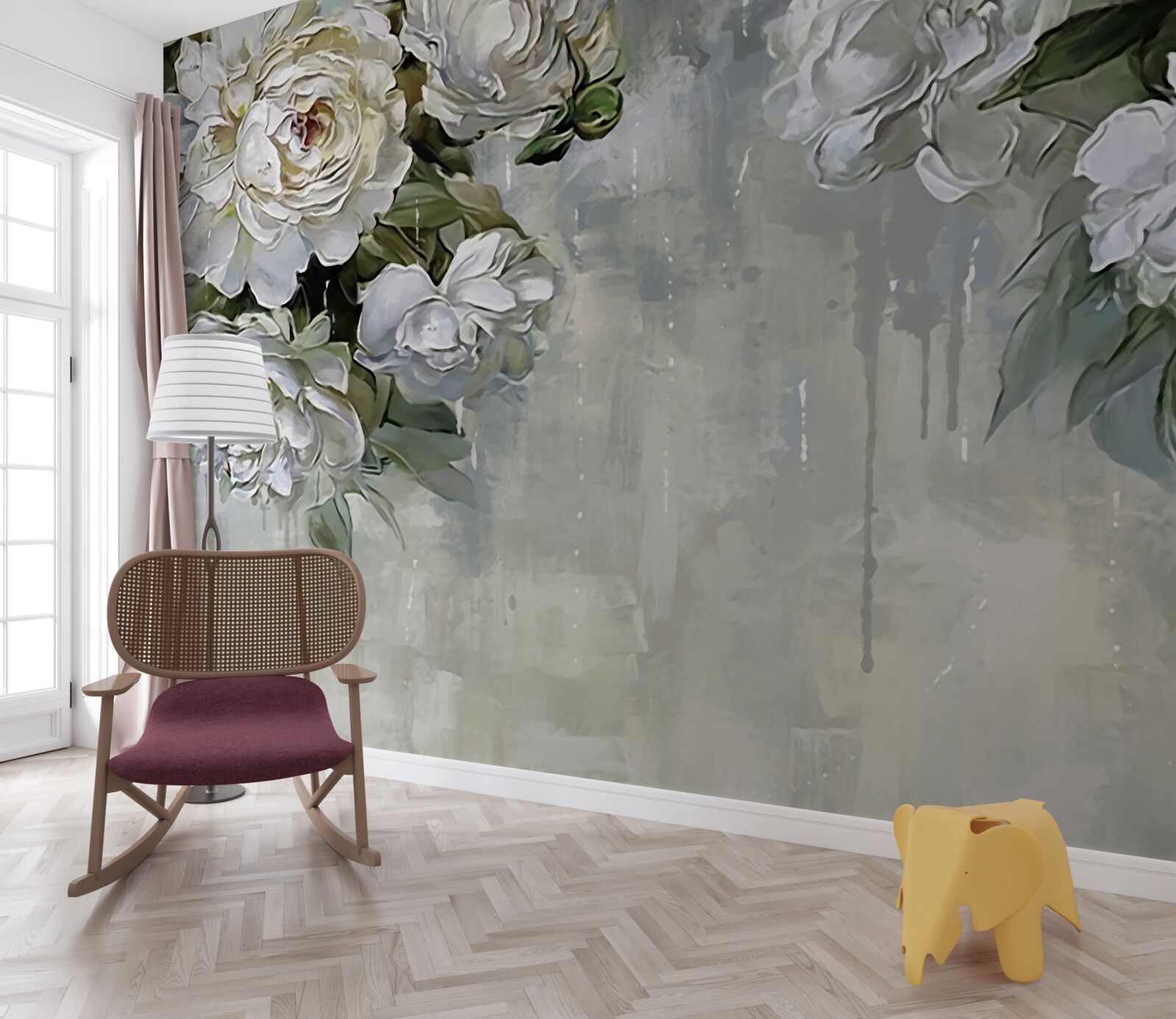 Fototapeta na betónovej stene sú veľké biele kvety