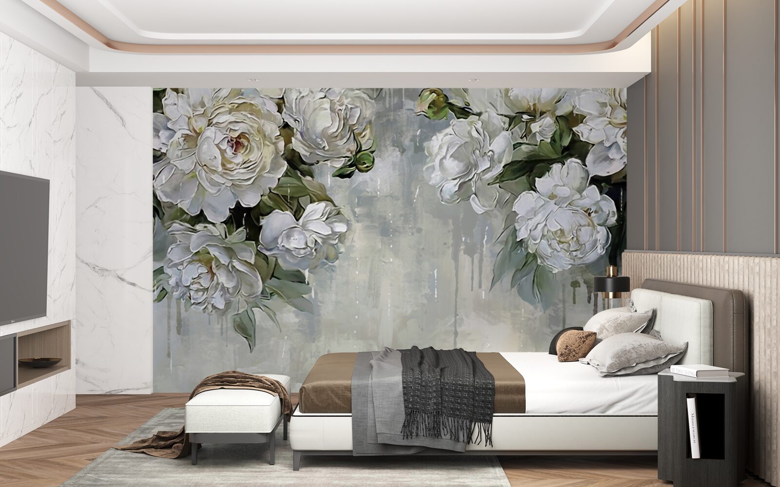 Fototapeta na betónovej stene sú veľké biele kvety