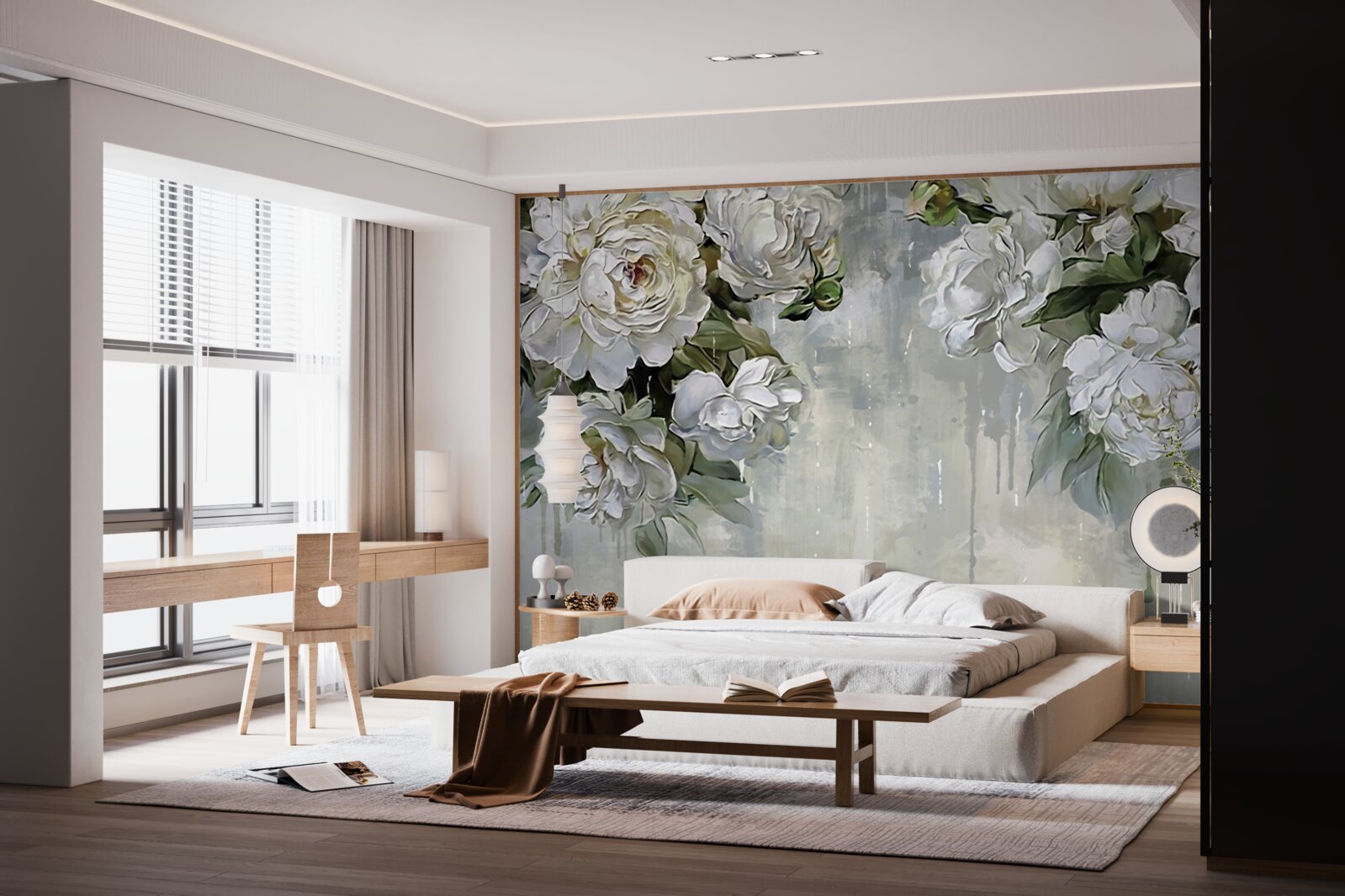 Fototapeta na betónovej stene sú veľké biele kvety