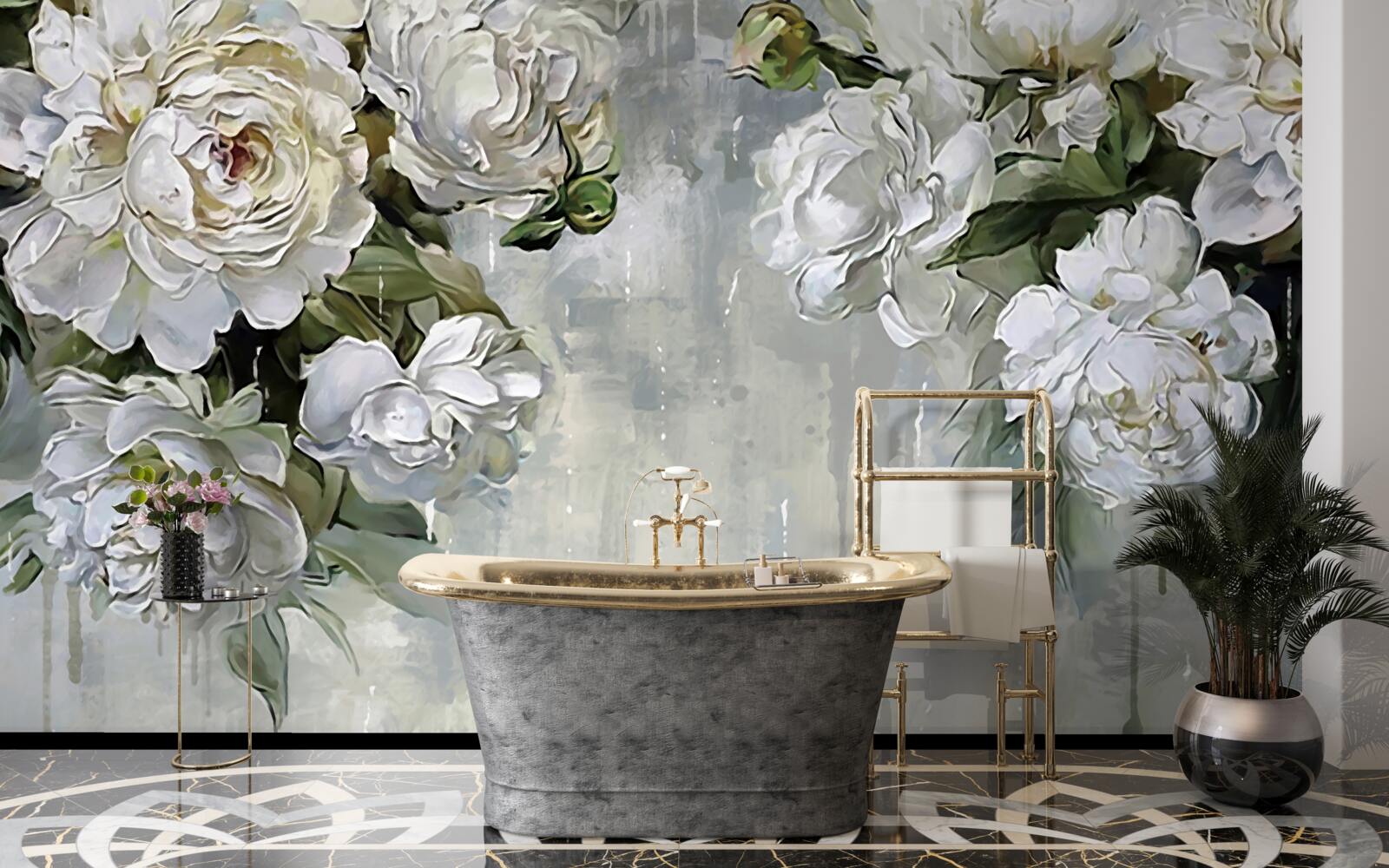 Fototapeta na betónovej stene sú veľké biele kvety