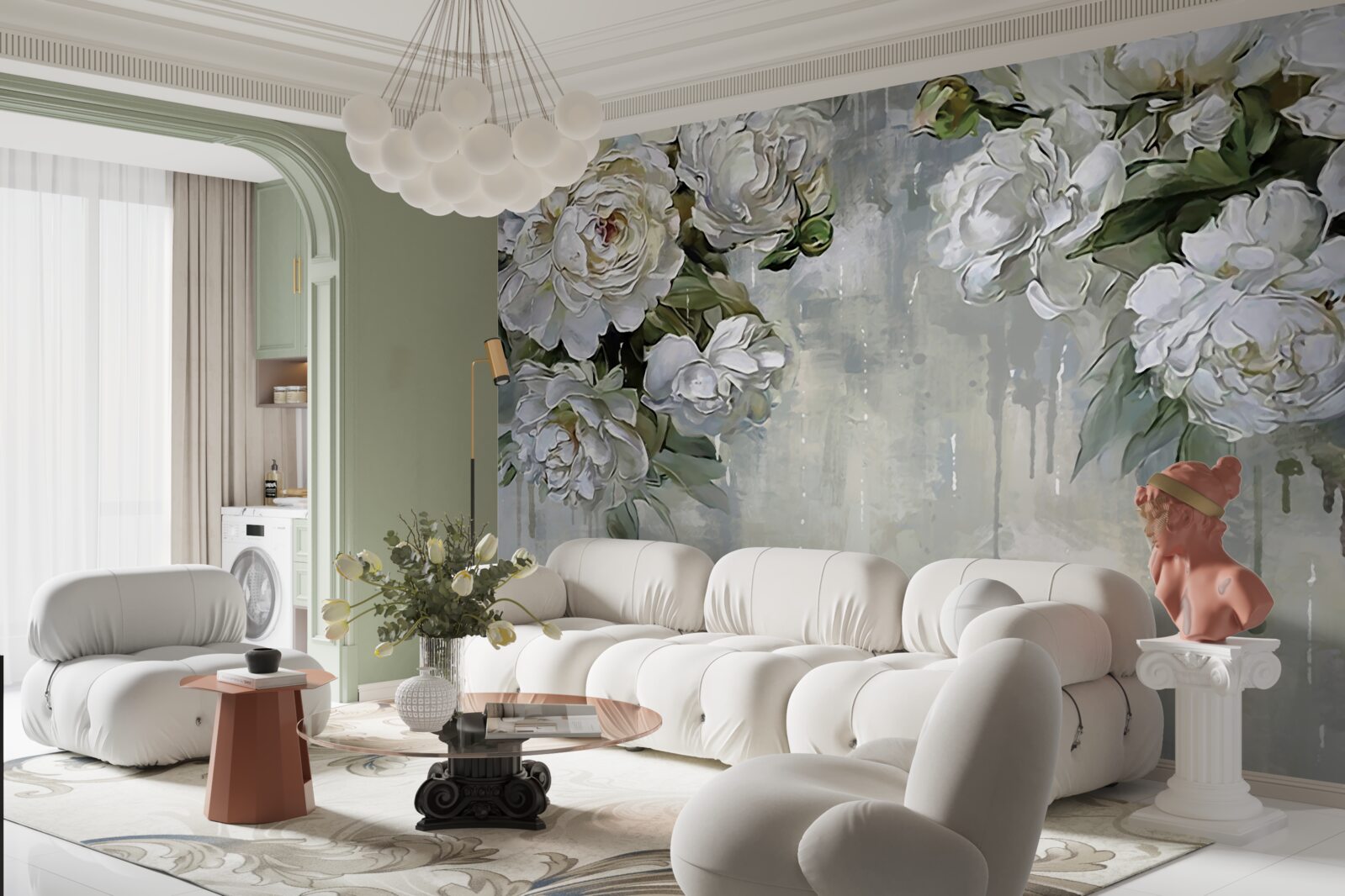 Fototapeta na betónovej stene sú veľké biele kvety