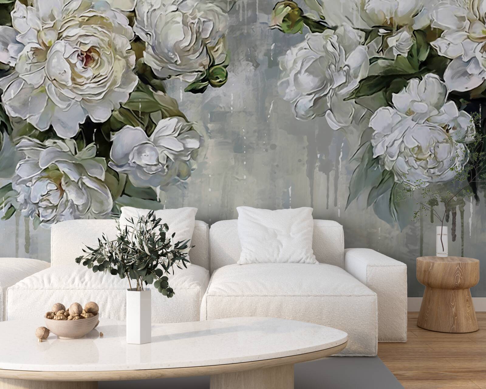 Fototapeta na betónovej stene sú veľké biele kvety